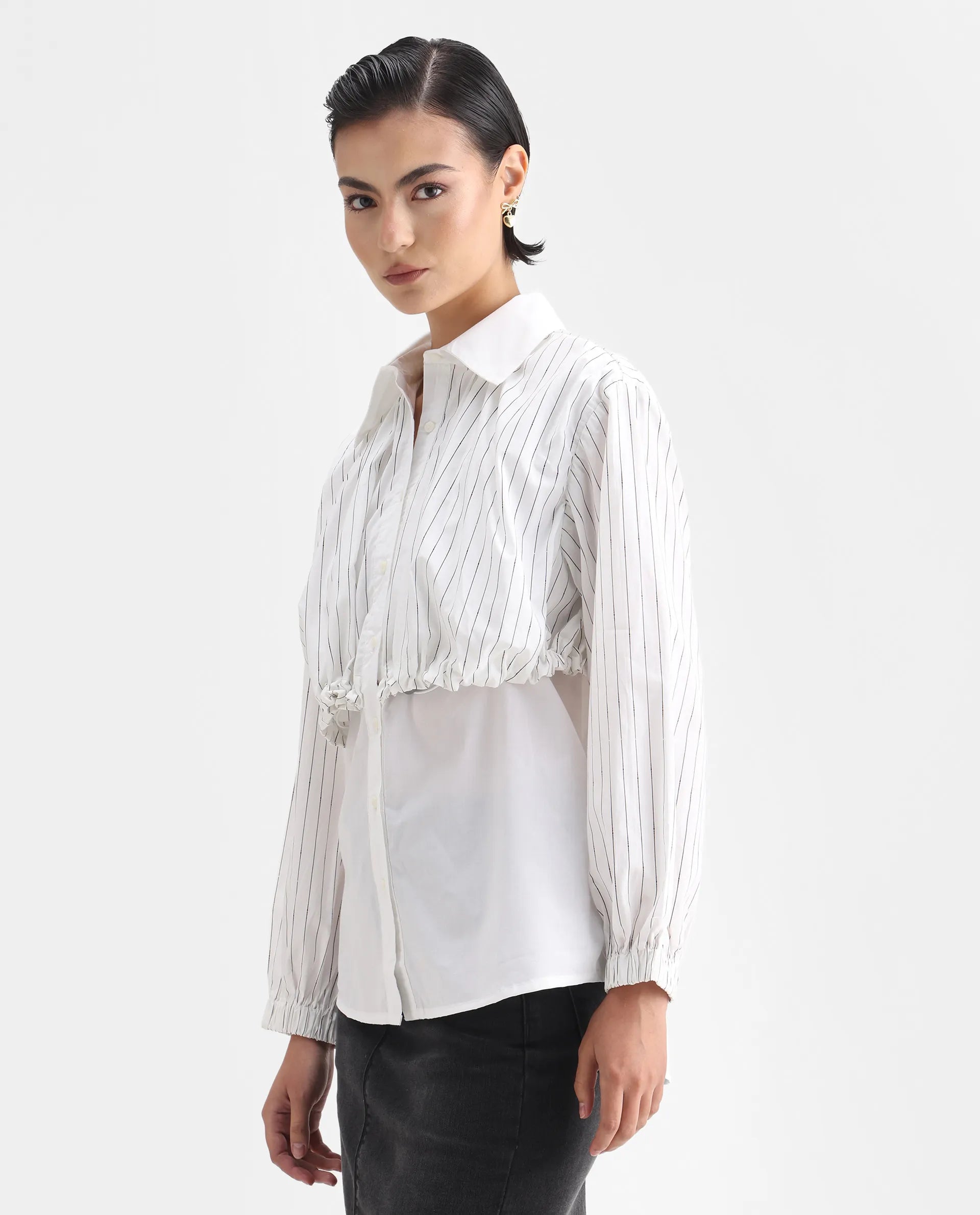 Rareism Women's Mashed White Cotton Blend Drop Collar Striped Cuffed Sleeve Relaxed Fit Top