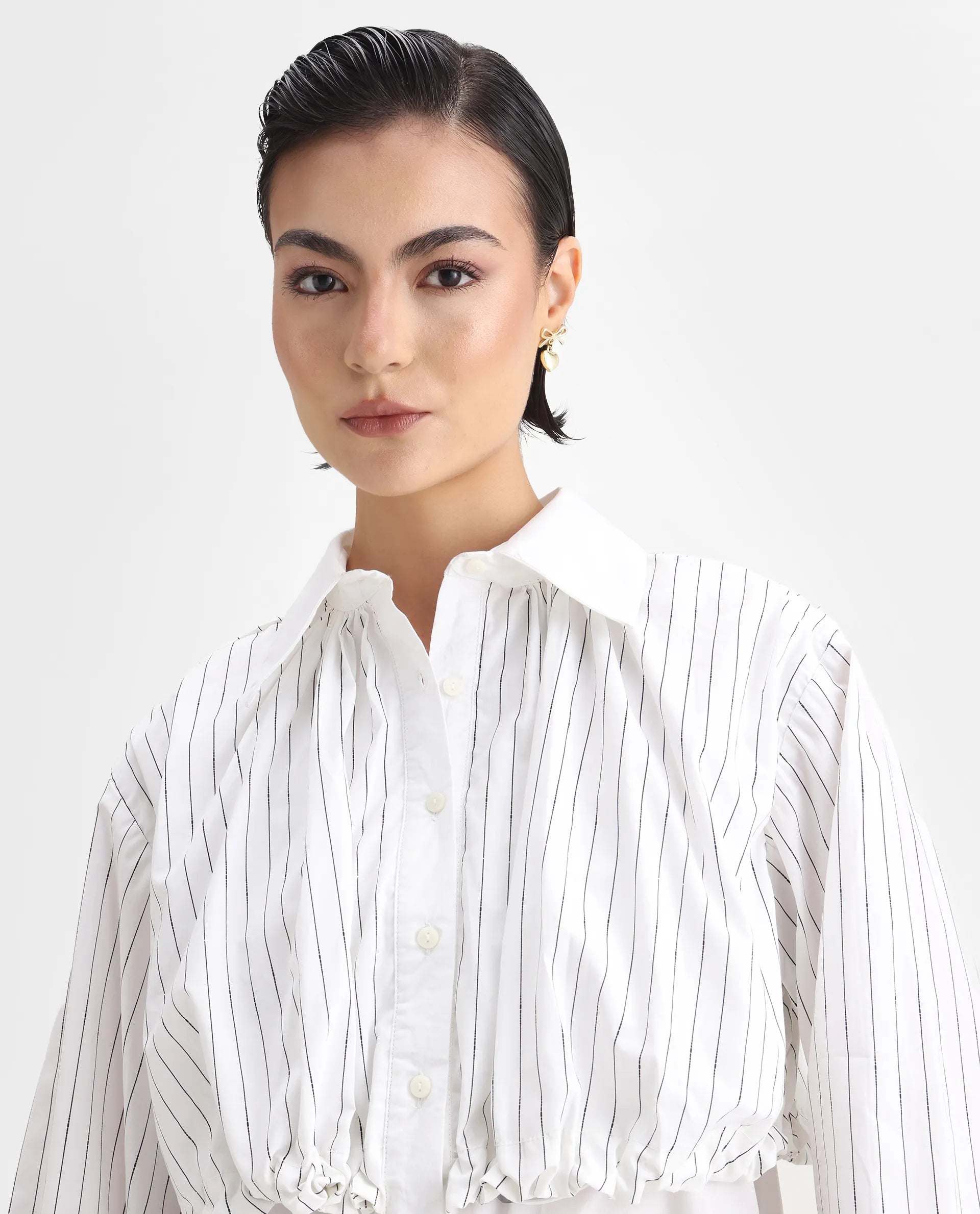 Rareism Women's Mashed White Cotton Blend Drop Collar Striped Cuffed Sleeve Relaxed Fit Top