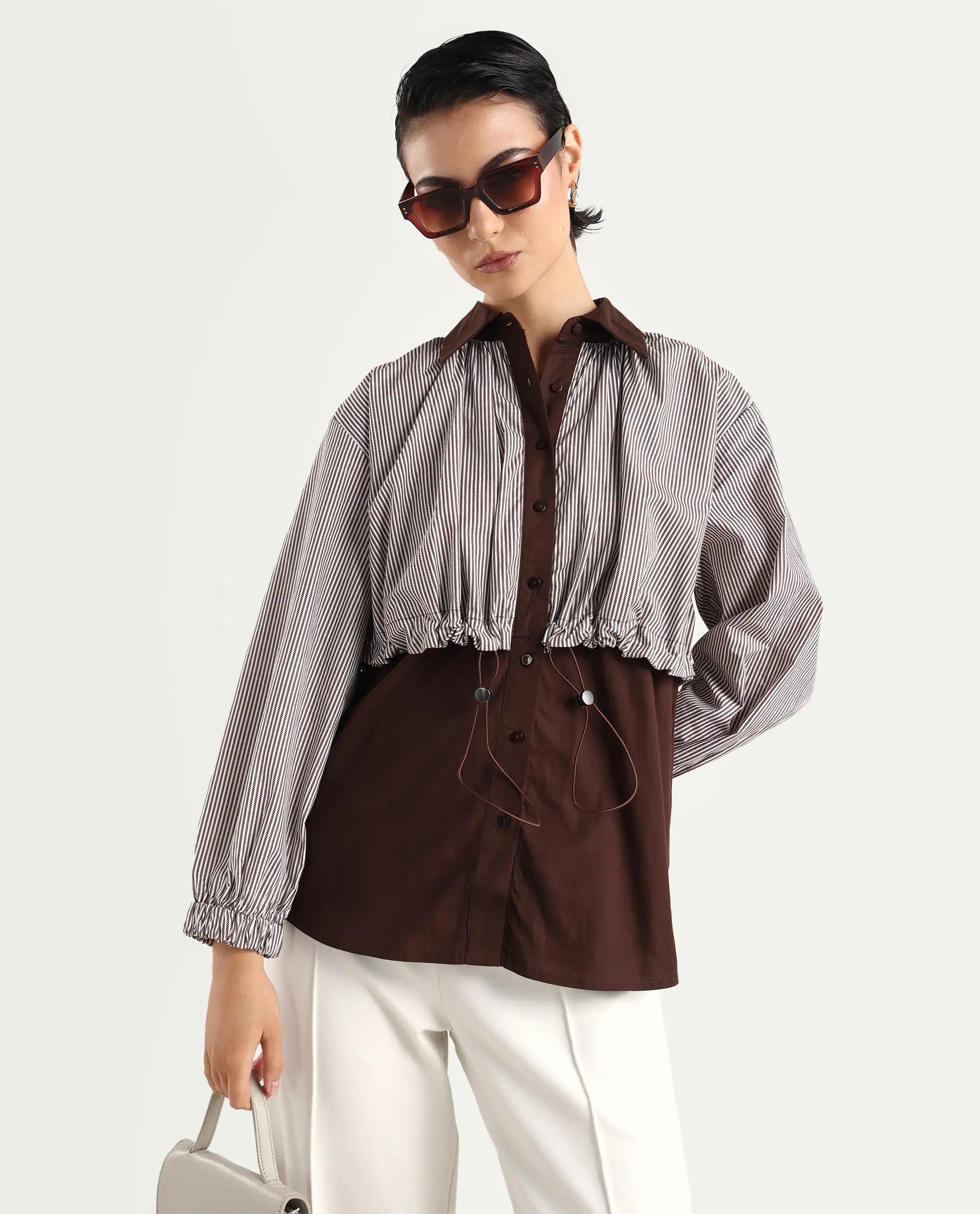 Rareism Women's Masher Brown Cotton Blend Drop Collar Plain Cuffed Sleeve Relaxed Fit Top