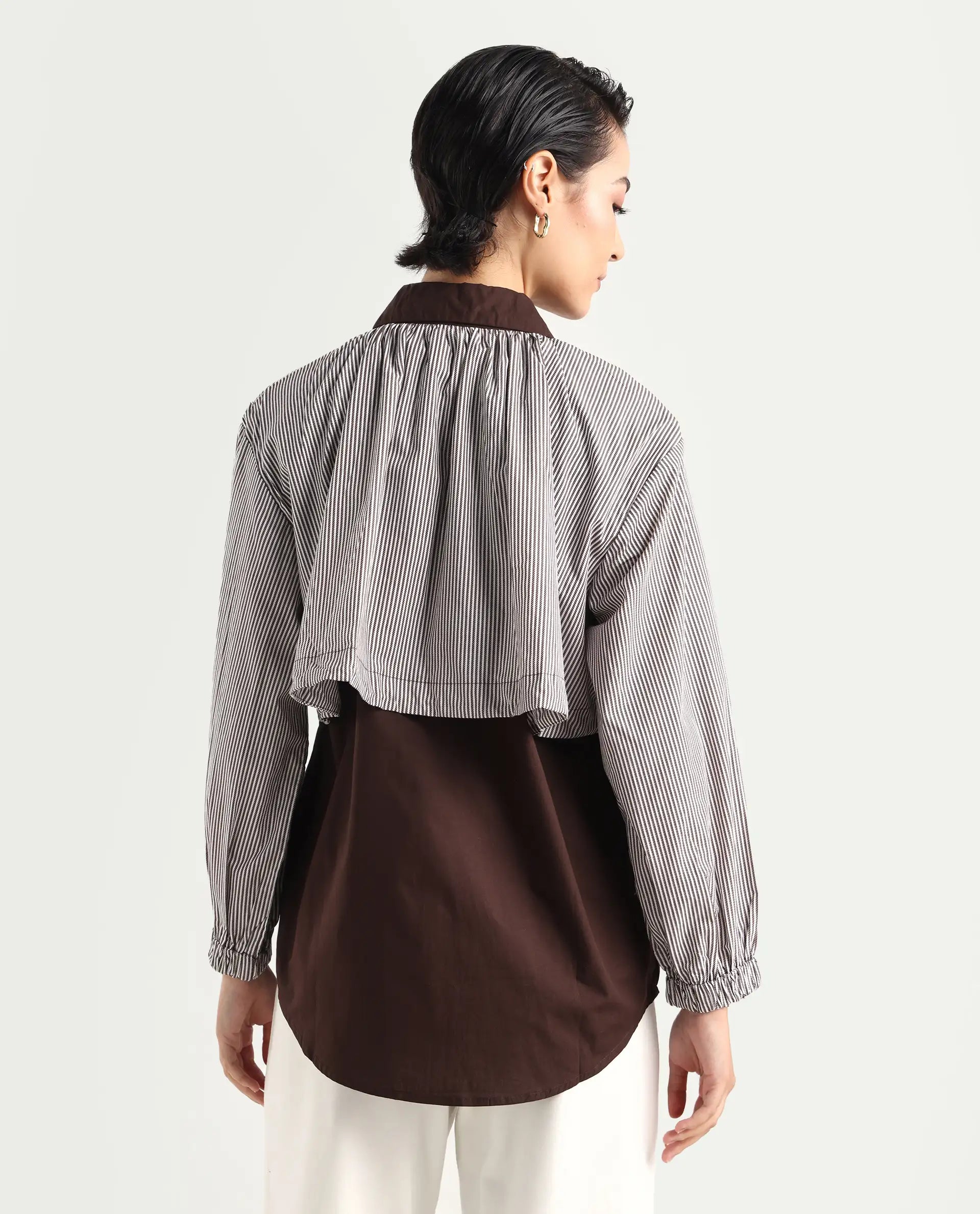 Rareism Women's Masher Brown Cotton Blend Drop Collar Plain Cuffed Sleeve Relaxed Fit Top