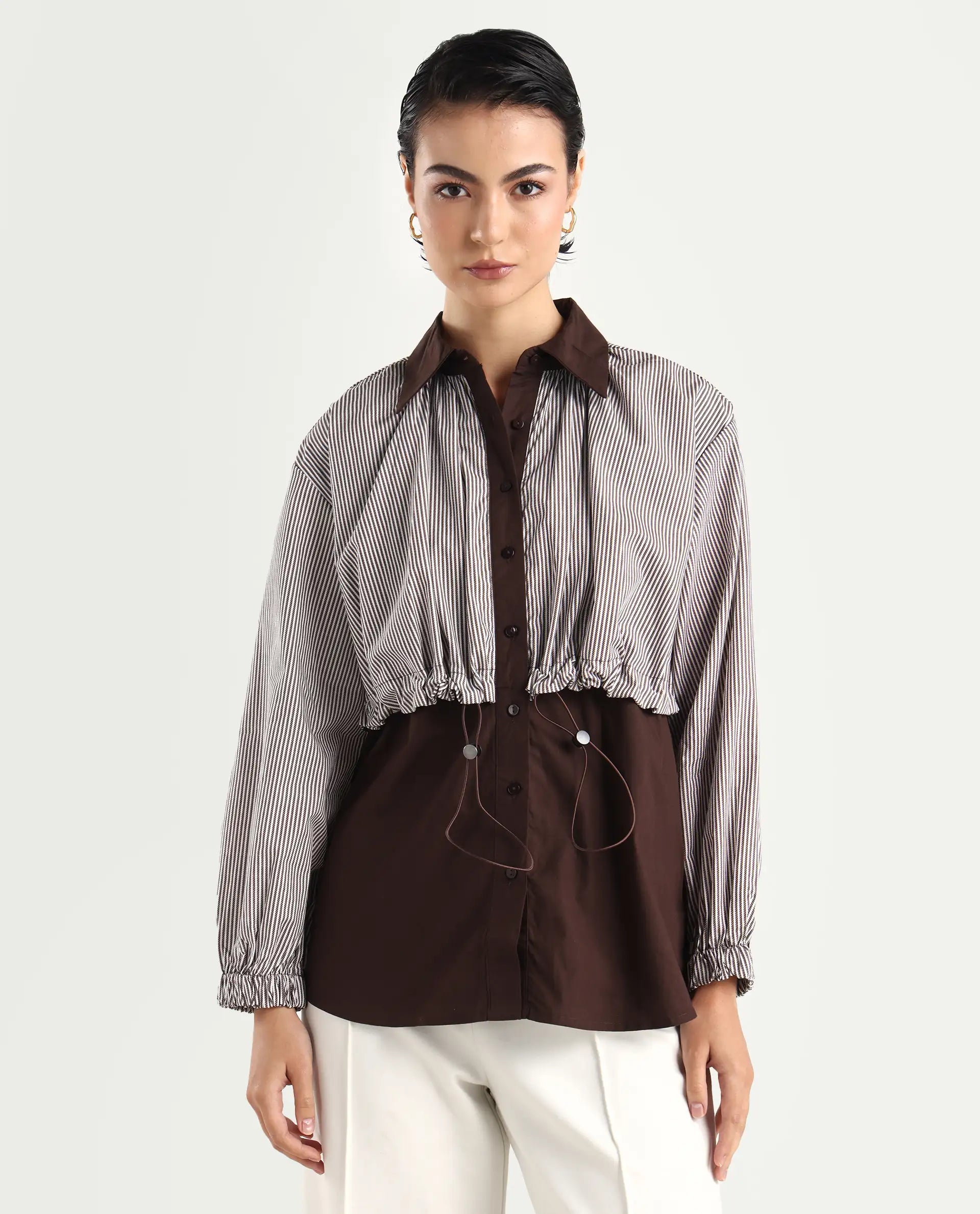 Rareism Women's Masher Brown Cotton Blend Drop Collar Plain Cuffed Sleeve Relaxed Fit Top