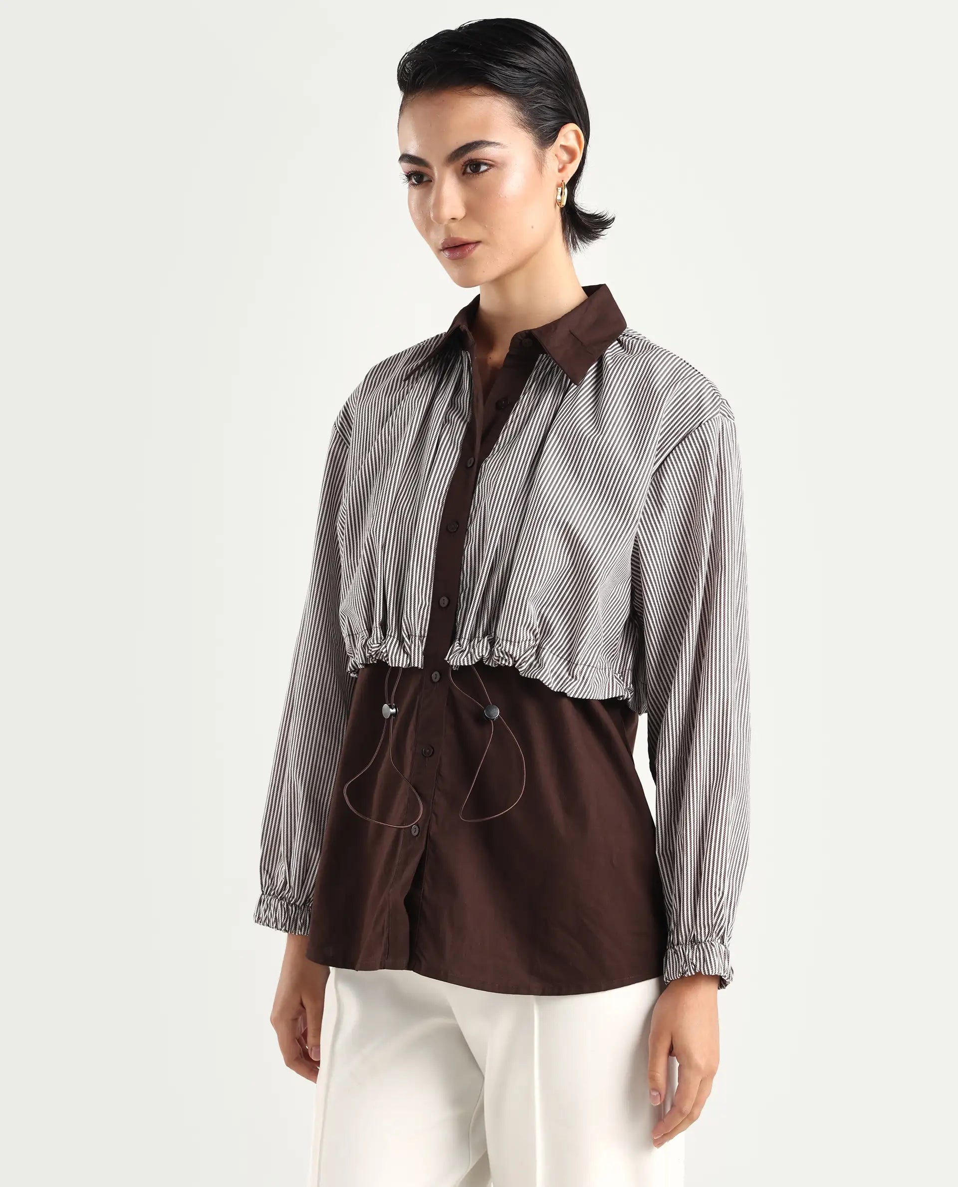 Rareism Women's Masher Brown Cotton Blend Drop Collar Plain Cuffed Sleeve Relaxed Fit Top