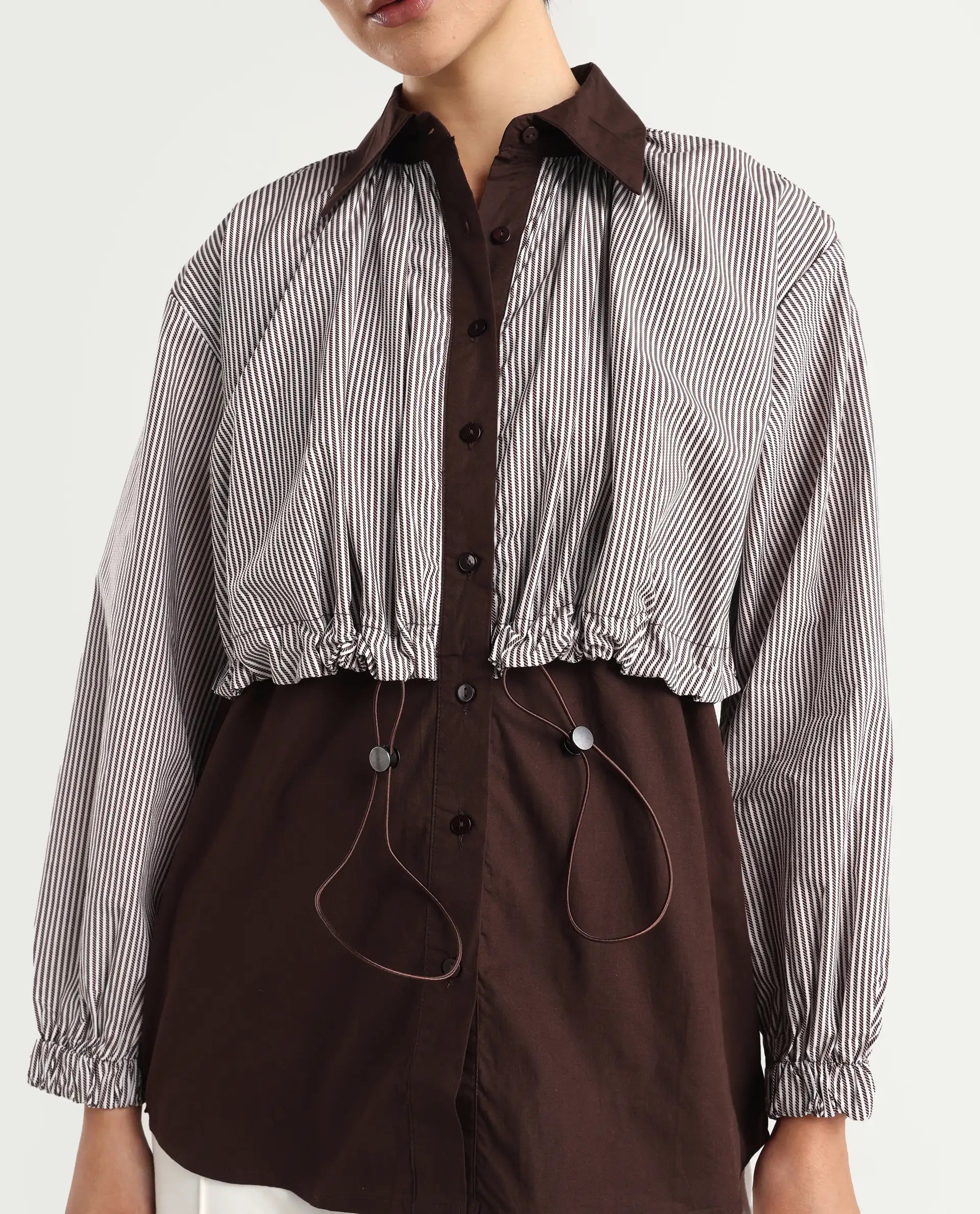 Rareism Women's Masher Brown Cotton Blend Drop Collar Plain Cuffed Sleeve Relaxed Fit Top