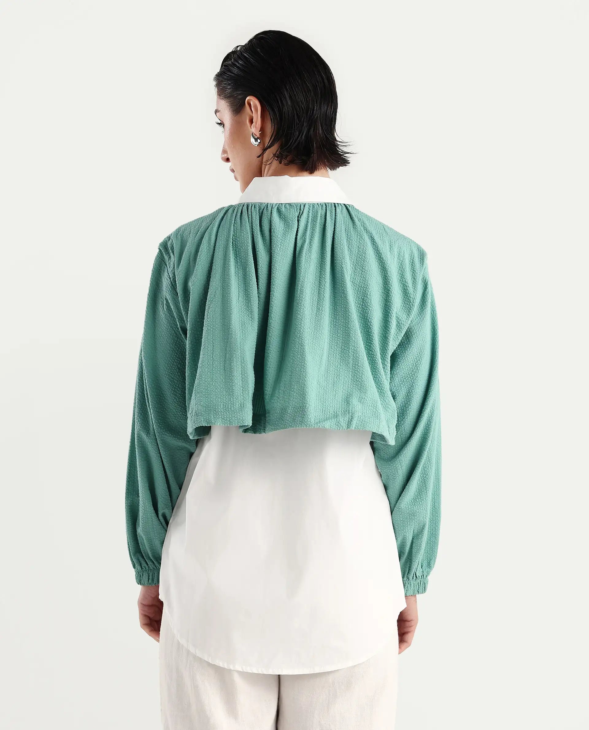 Rareism Women's Mashin White Cotton Blend Drop Collar Plain Cuffed Sleeve Relaxed Fit Top