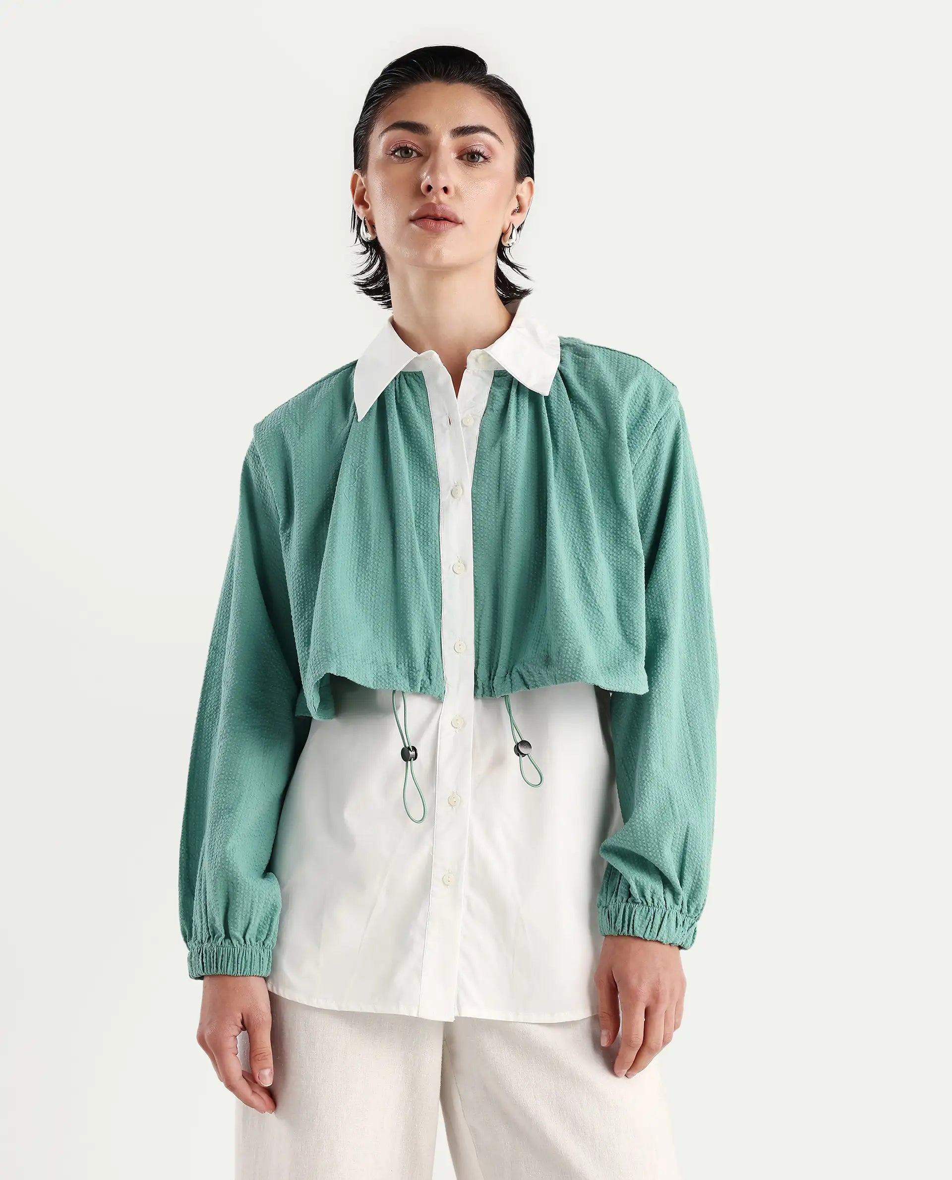 Rareism Women's Mashin White Cotton Blend Drop Collar Plain Cuffed Sleeve Relaxed Fit Top