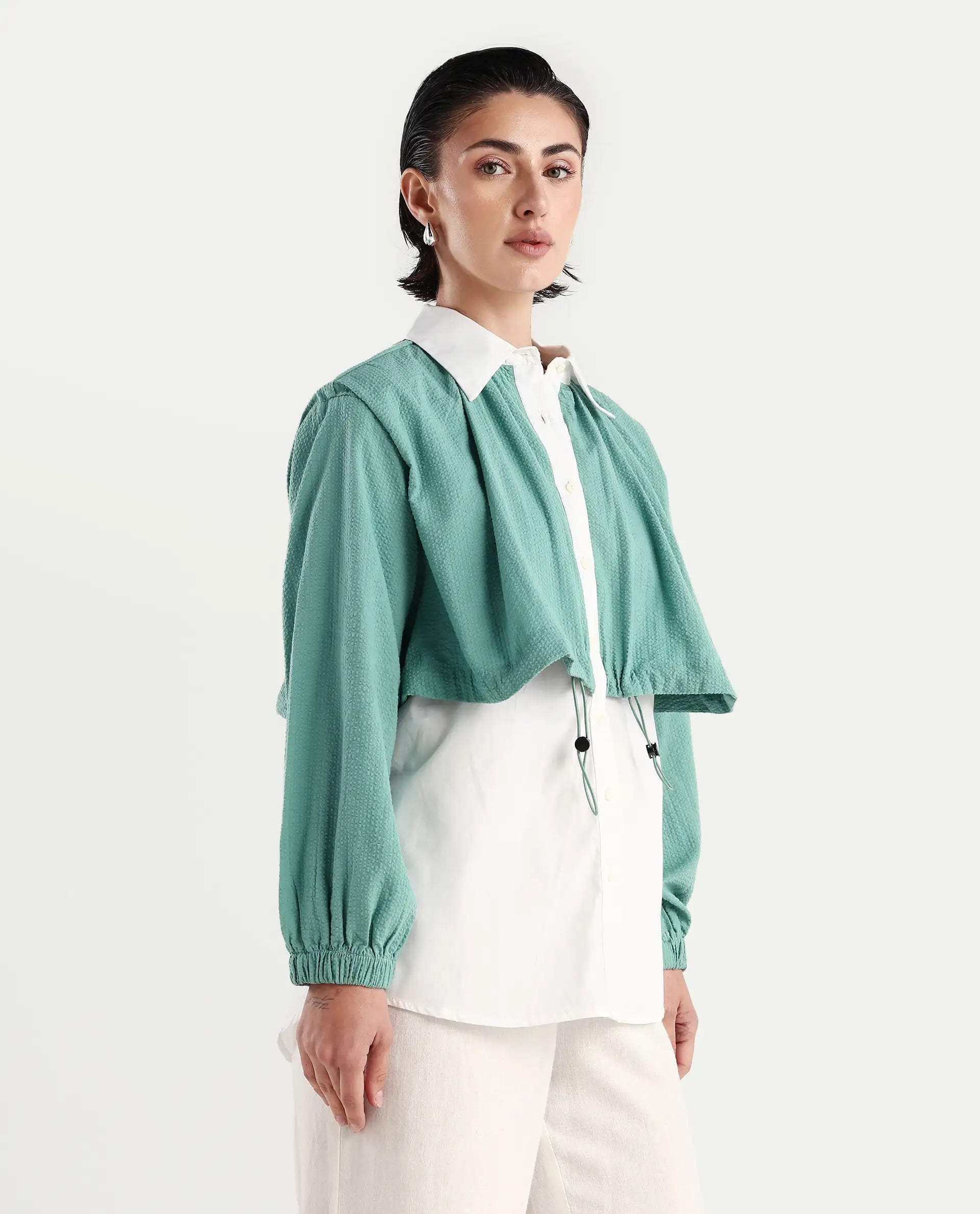 Rareism Women's Mashin White Cotton Blend Drop Collar Plain Cuffed Sleeve Relaxed Fit Top