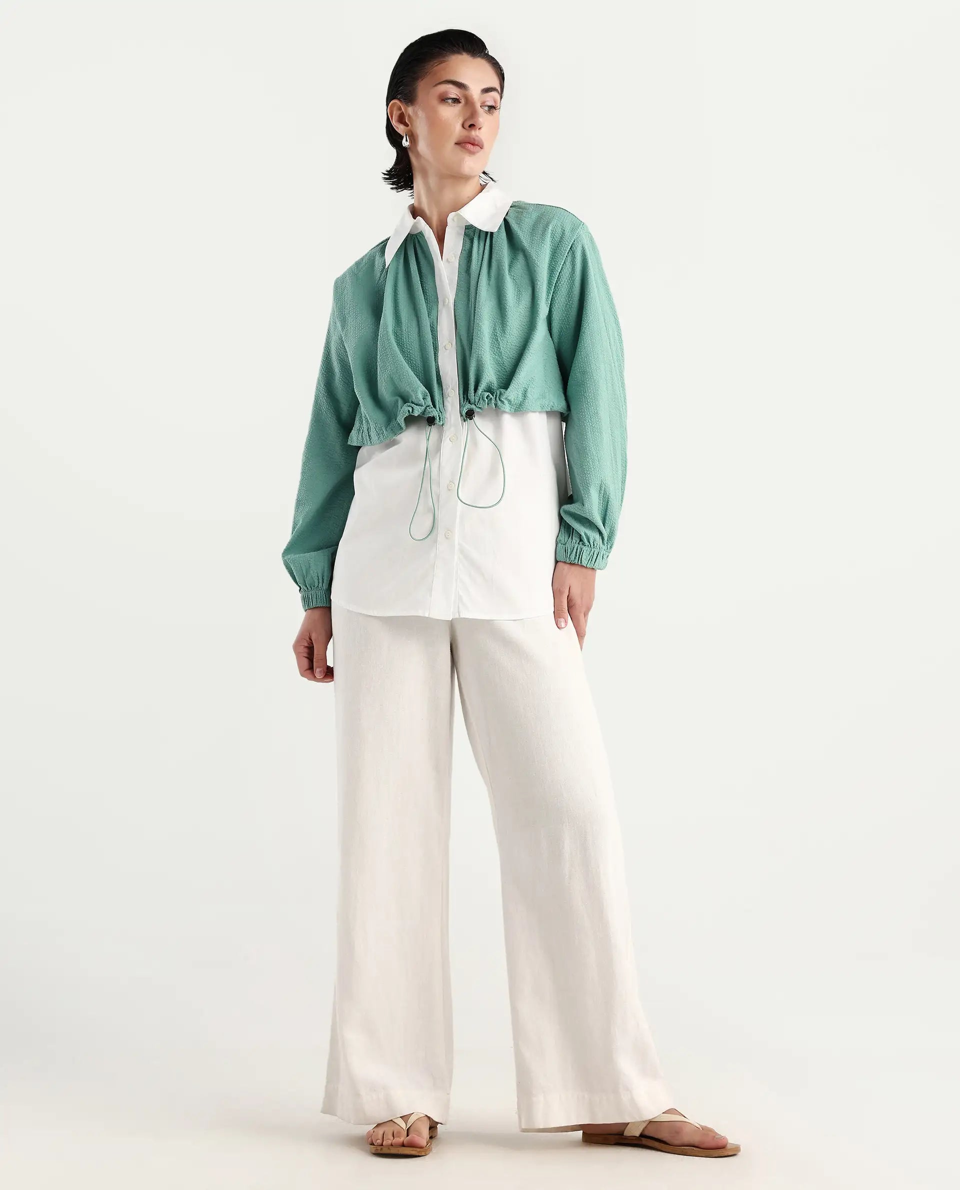 Rareism Women's Mashin White Cotton Blend Drop Collar Plain Cuffed Sleeve Relaxed Fit Top