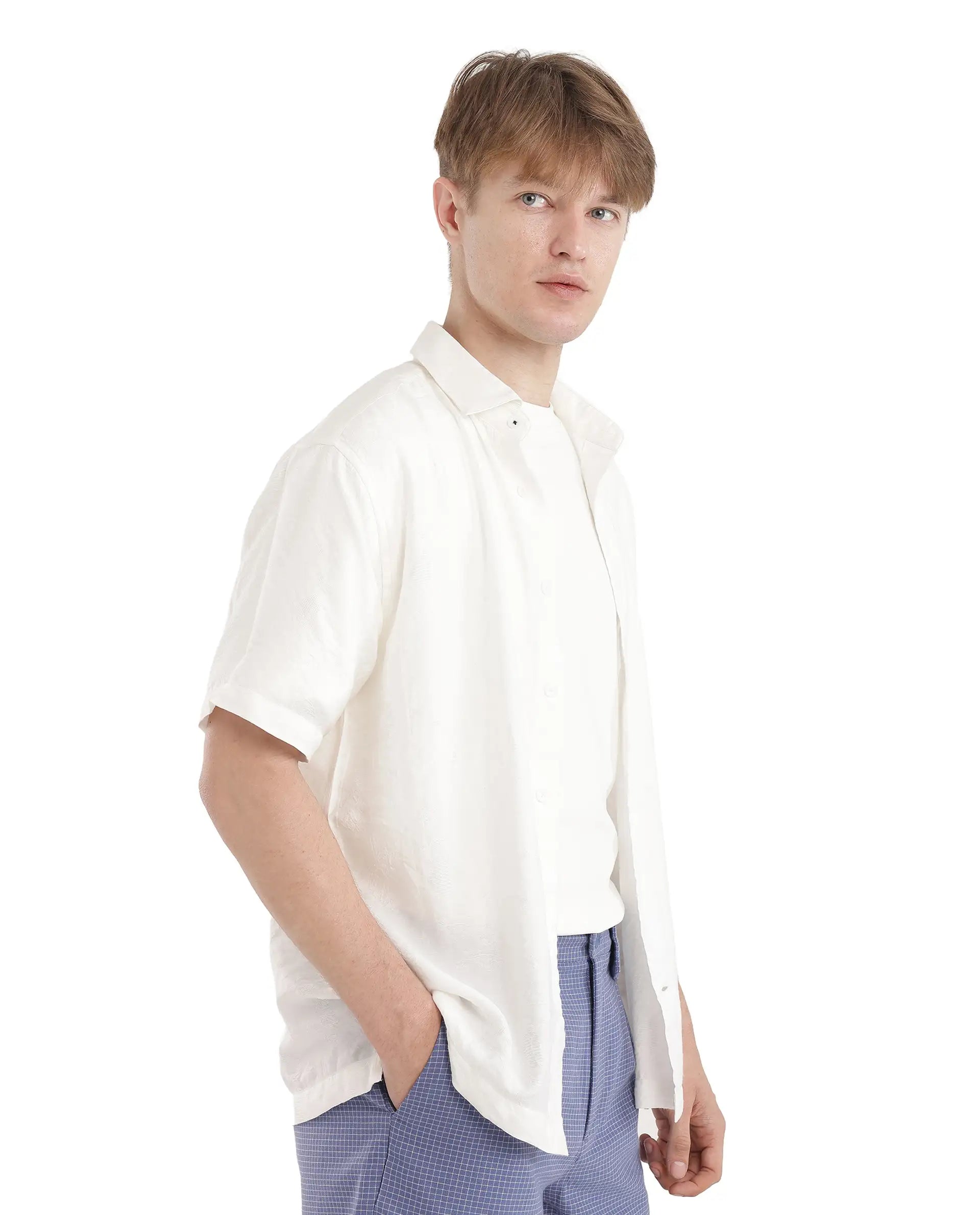 Rare Rabbit Men Masie White Viscose Fabric Regular Fit Short Sleeve Regular Collared Plain Shirt