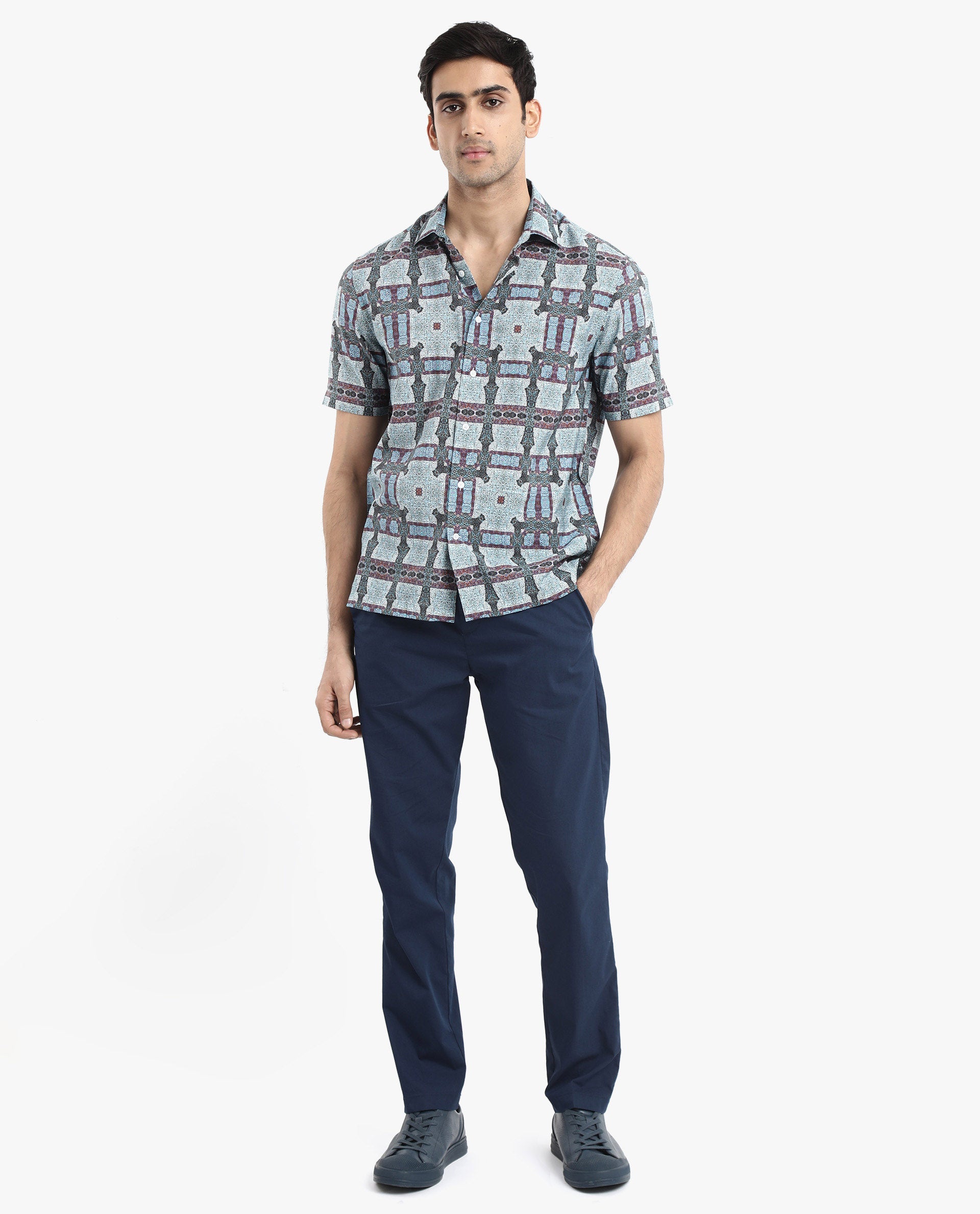 Rare Rabbit Men's Masko Blue Viscose Nylon Fabric Short Sleeve Boxy Fit Abstract Print Shirt