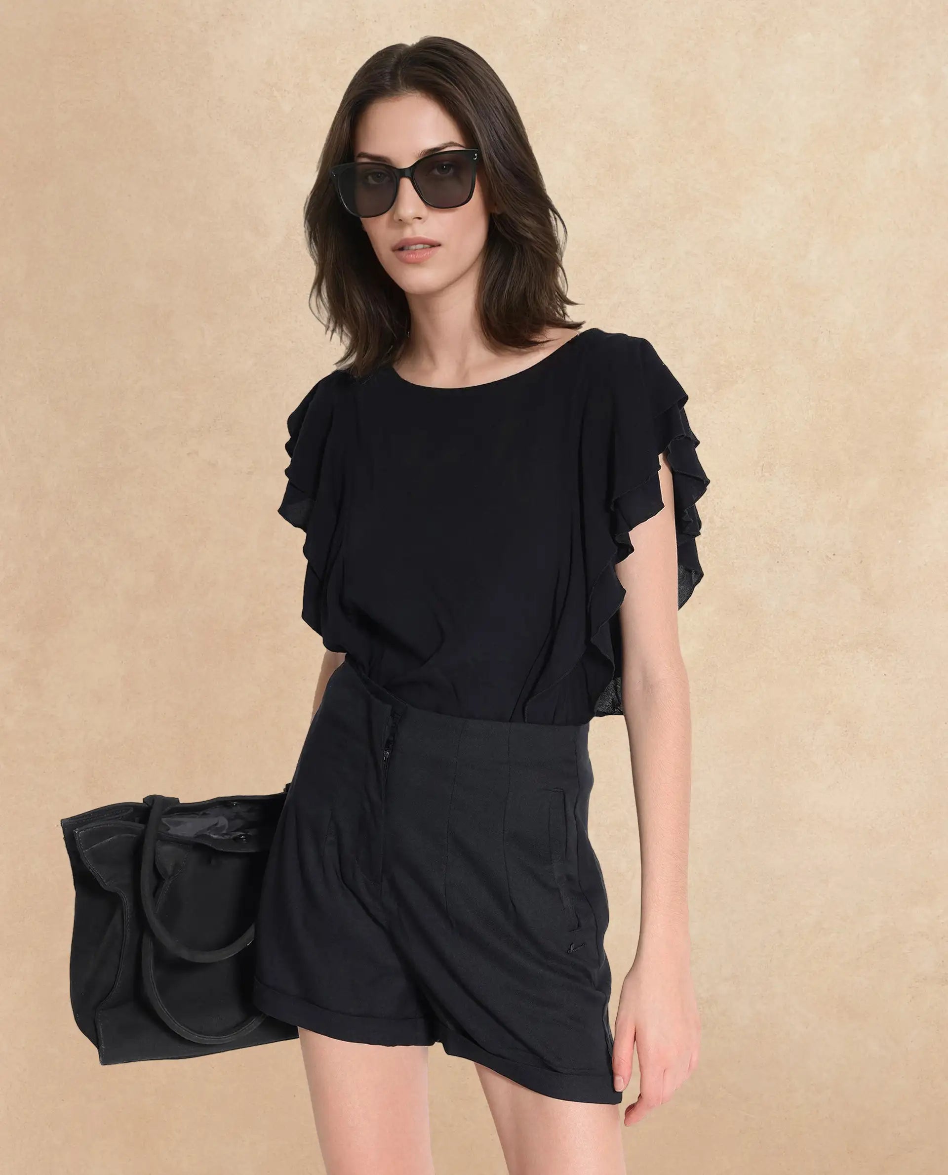 Rareism Women Maslin Black Cotton Fabric Zipper Plain Mini Shorts