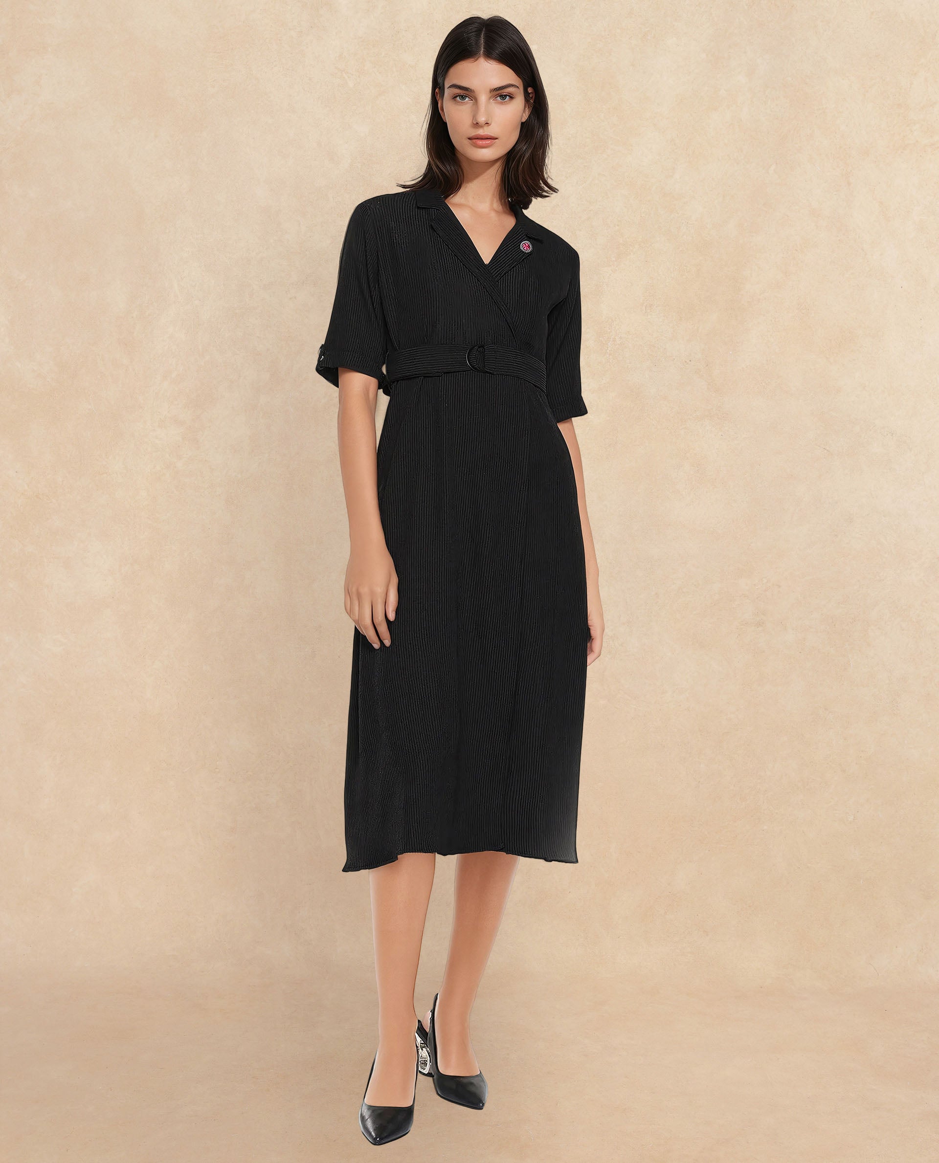 Rareism Women Maso Black Short Sleeves Lapel Neck Zip Closure A-Line Midi Plain Dress