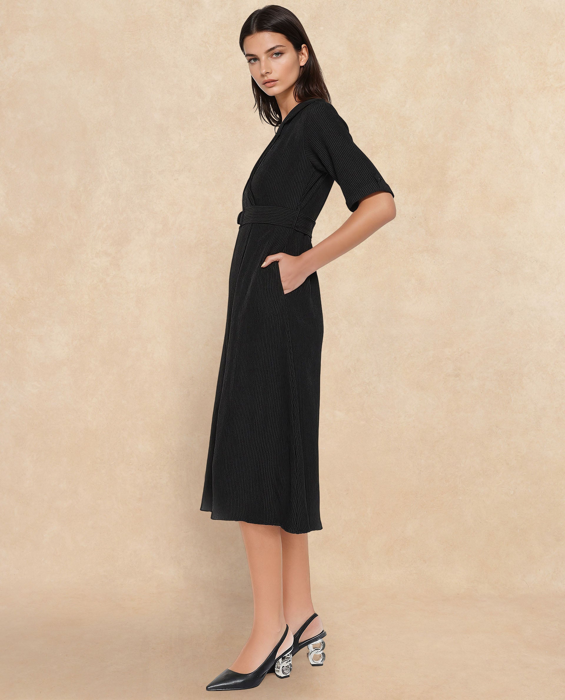 Rareism Women Maso Black Short Sleeves Lapel Neck Zip Closure A-Line Midi Plain Dress