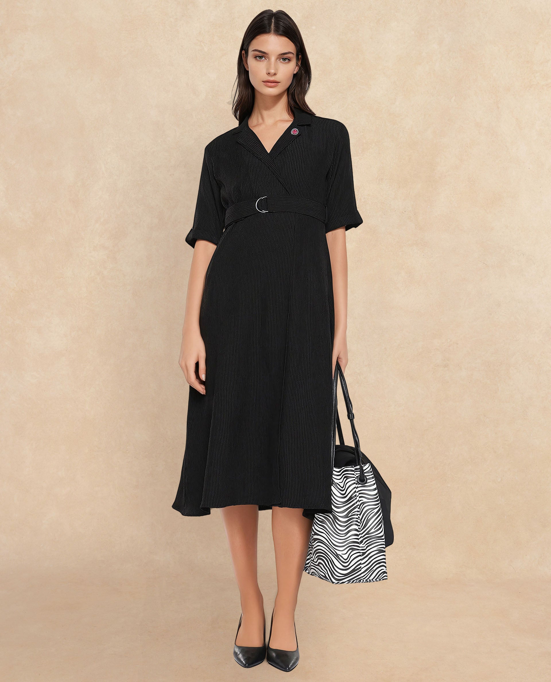 Rareism Women Maso Black Short Sleeves Lapel Neck Zip Closure A-Line Midi Plain Dress