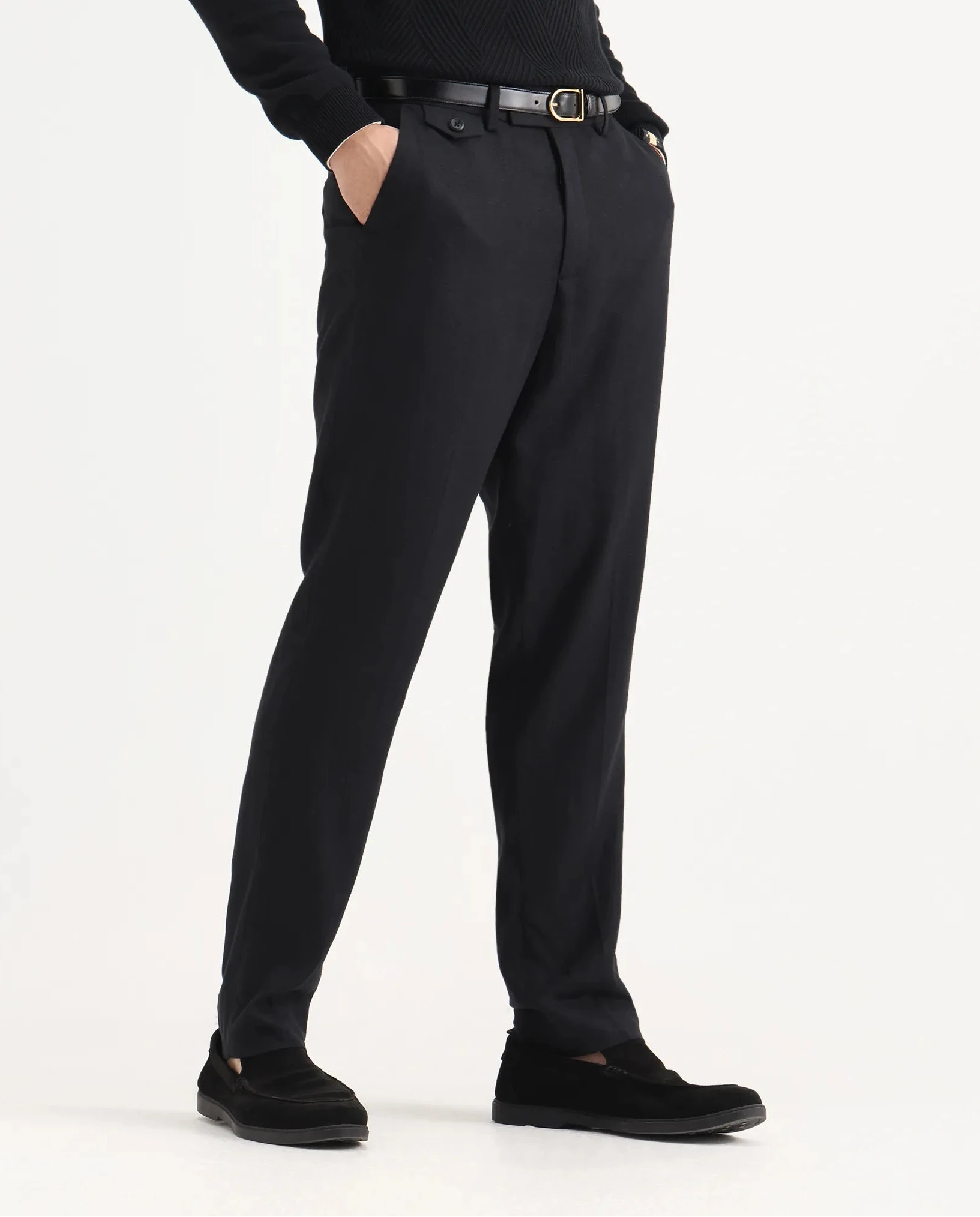 Rare Rabbit Men's Masoni-B Black Linen Blend Plain Relaxed Fit Trouser
