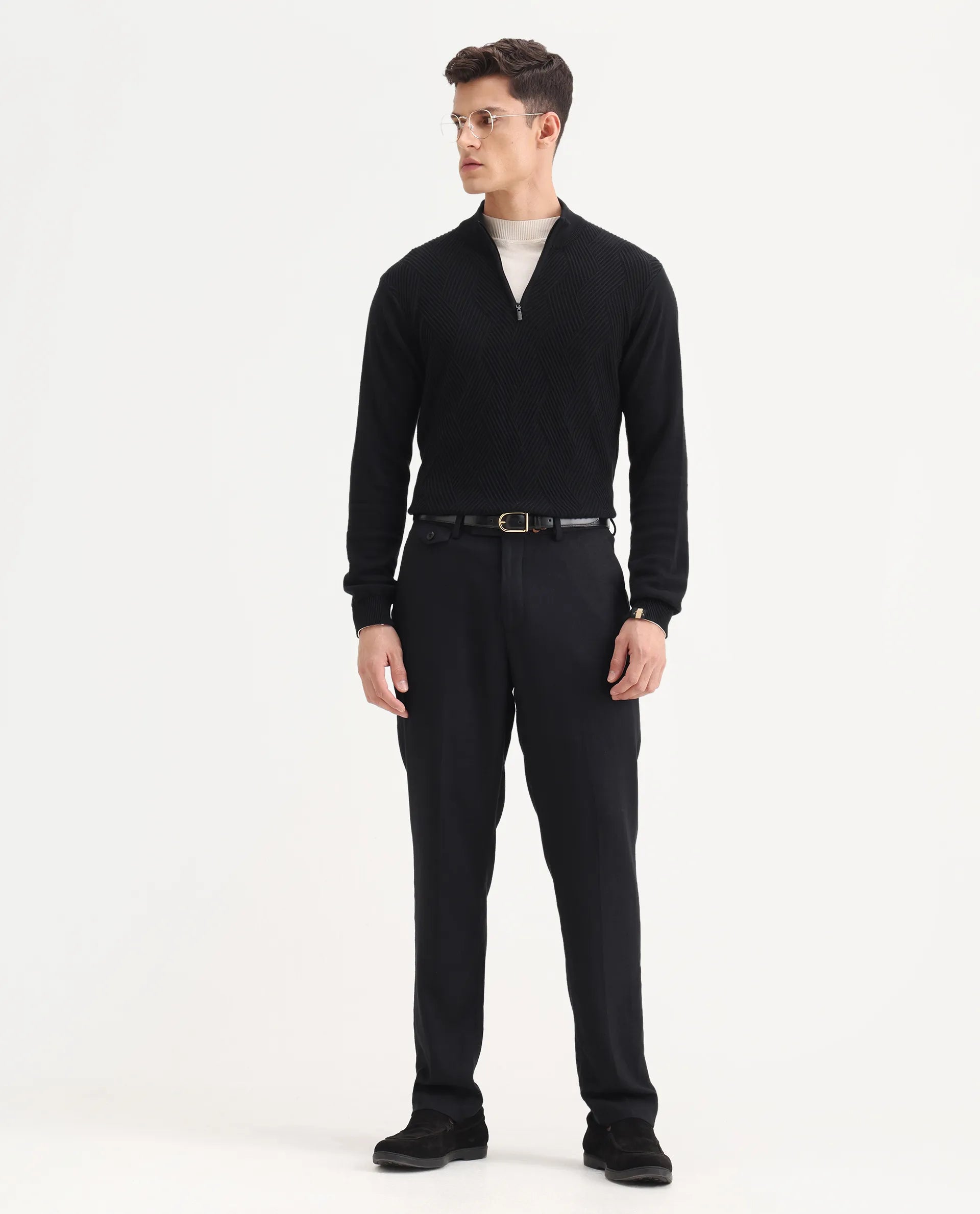 Rare Rabbit Men's Masoni-B Black Linen Blend Plain Relaxed Fit Trouser