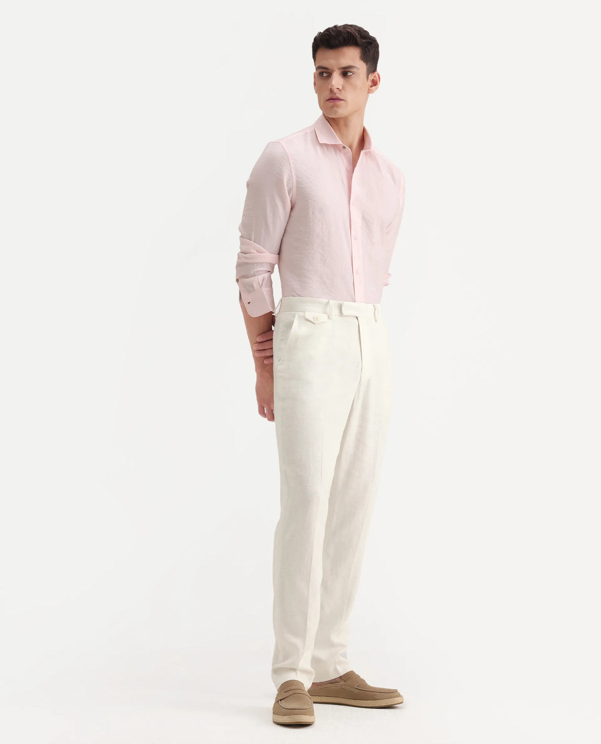 Rare Rabbit Men's Masoni-B Off White Linen Blend Plain Relaxed Fit Trouser