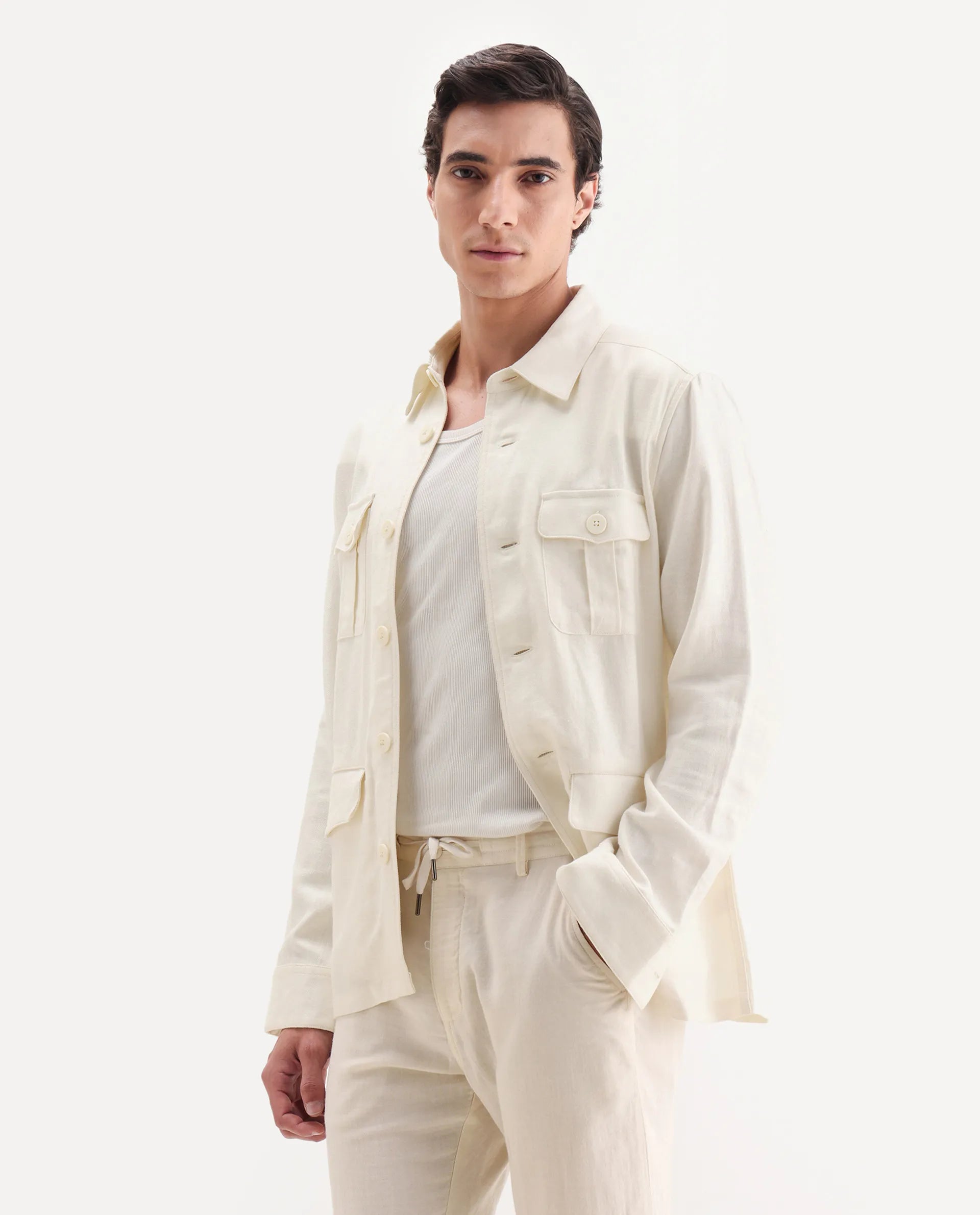 Rare Rabbit Men's Masoni-T Off White Linen Blend Fabric Collared Neck Regular Fit Plain Jacket