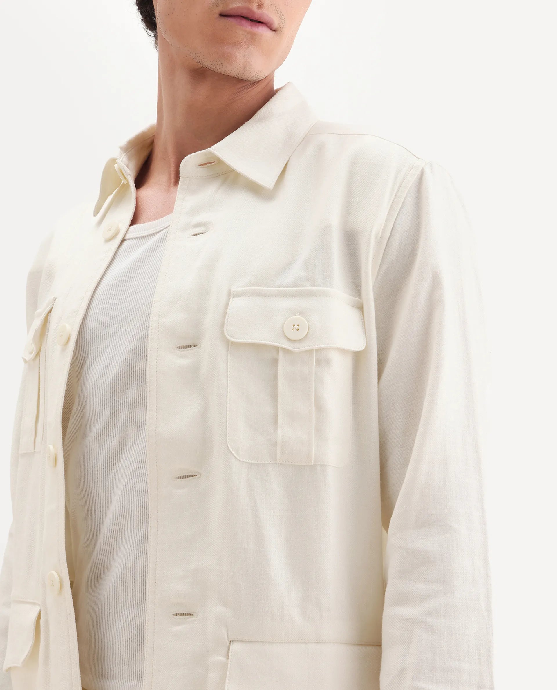 Rare Rabbit Men's Masoni-T Off White Linen Blend Fabric Collared Neck Regular Fit Plain Jacket