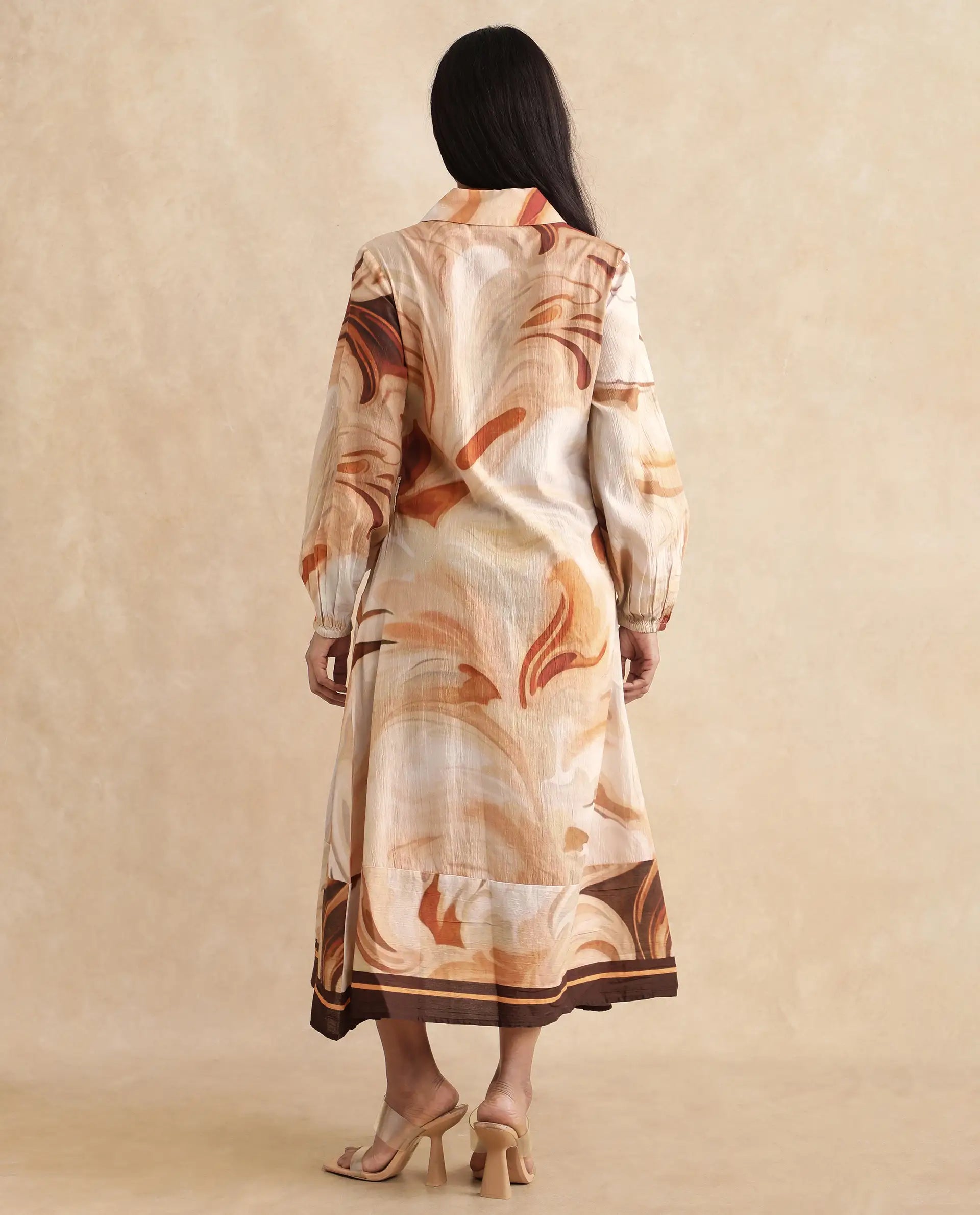 Rareism Women's Massa Light Multi Viscose Blend Drop Collar Abstract Print Bishop Sleeve Midi Relaxed Fit Dress