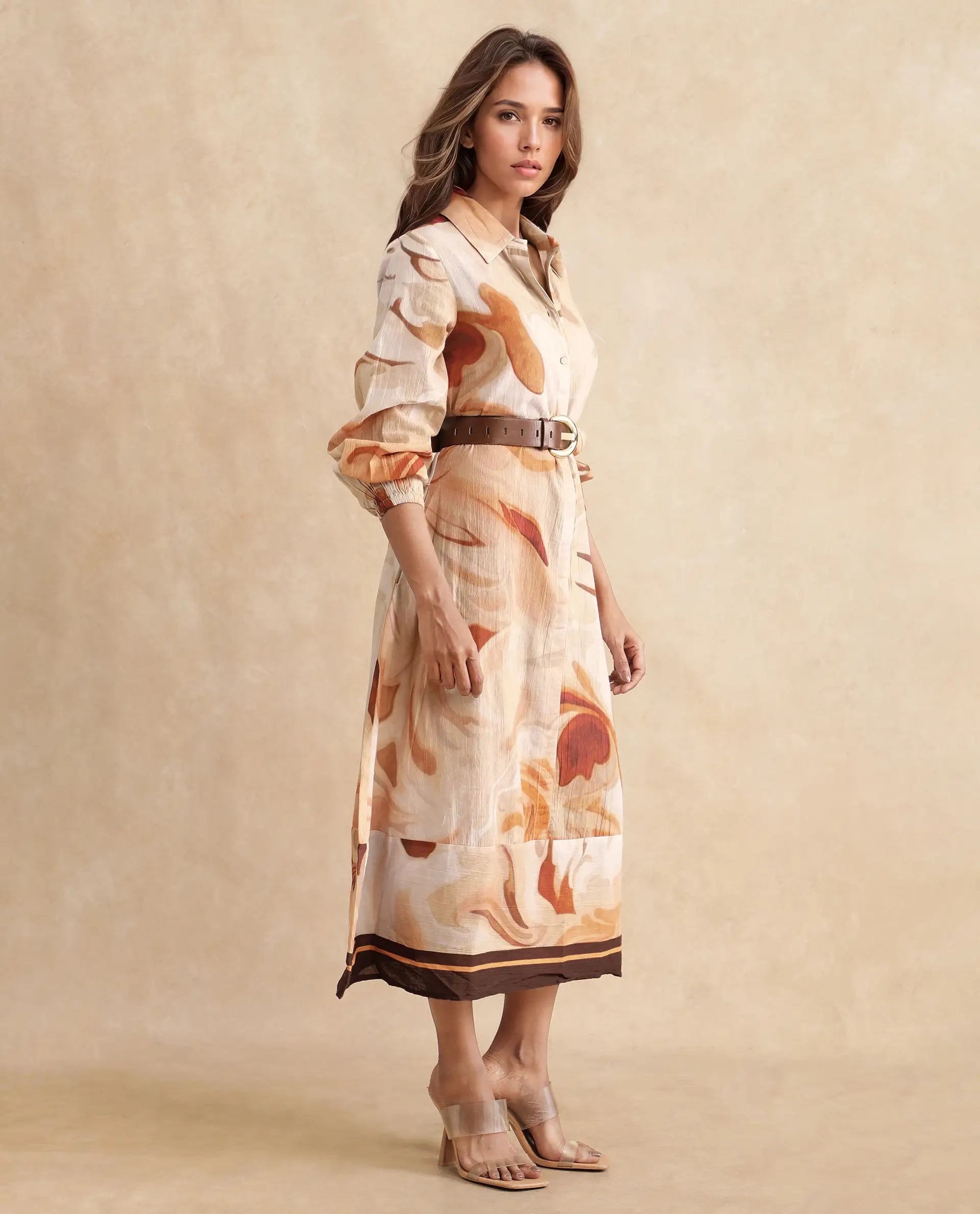 Rareism Women's Massa Light Multi Viscose Blend Drop Collar Abstract Print Bishop Sleeve Midi Relaxed Fit Dress