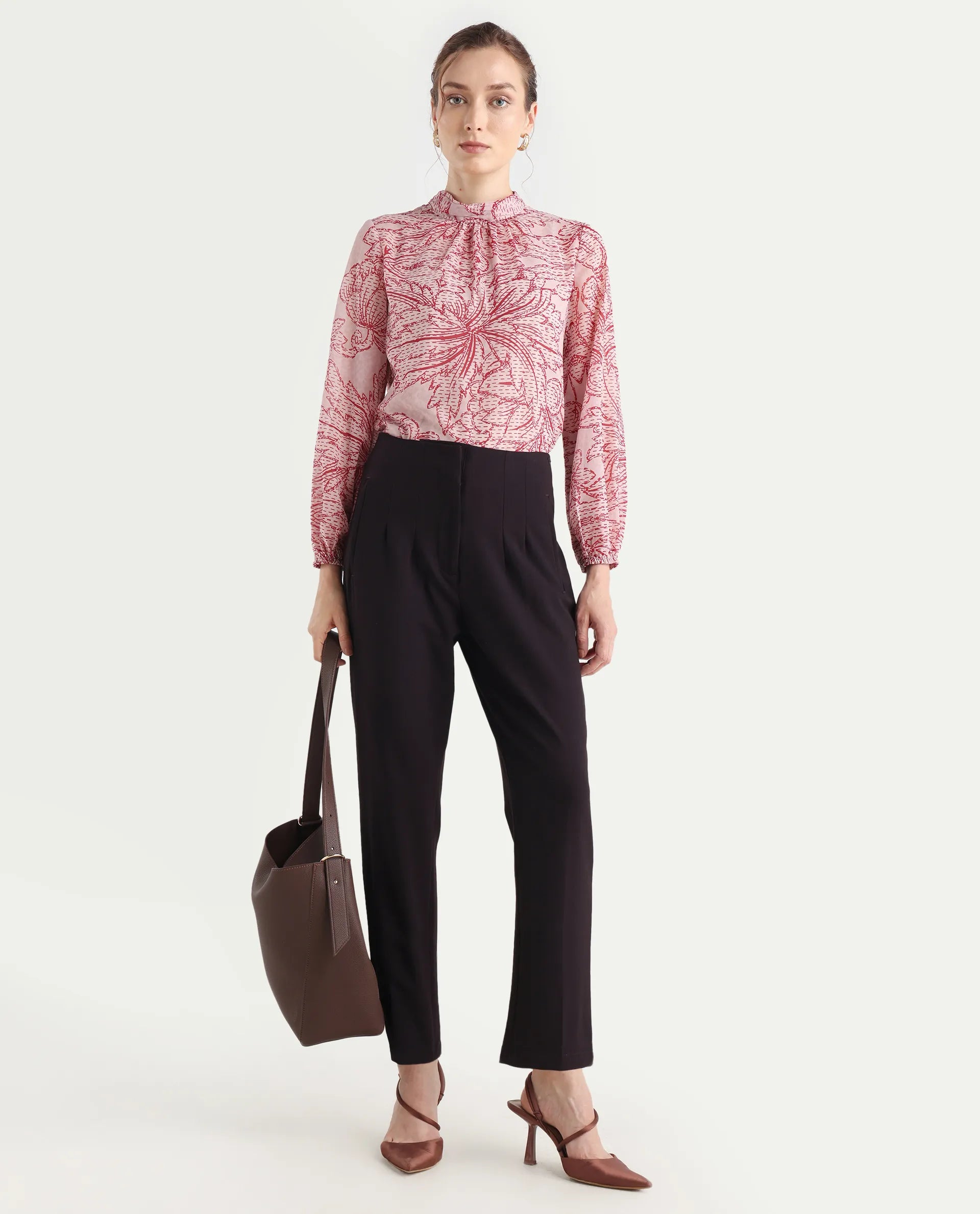 Rareism Women's Massy Multi Cotton Blend High Neck Abstract Print Bishop Sleeve Regular Fit Top