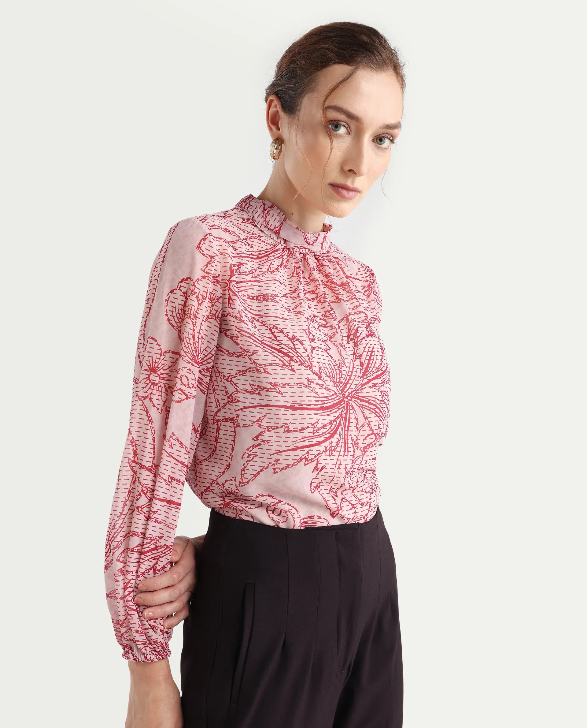 Rareism Women's Massy Multi Cotton Blend High Neck Abstract Print Bishop Sleeve Regular Fit Top