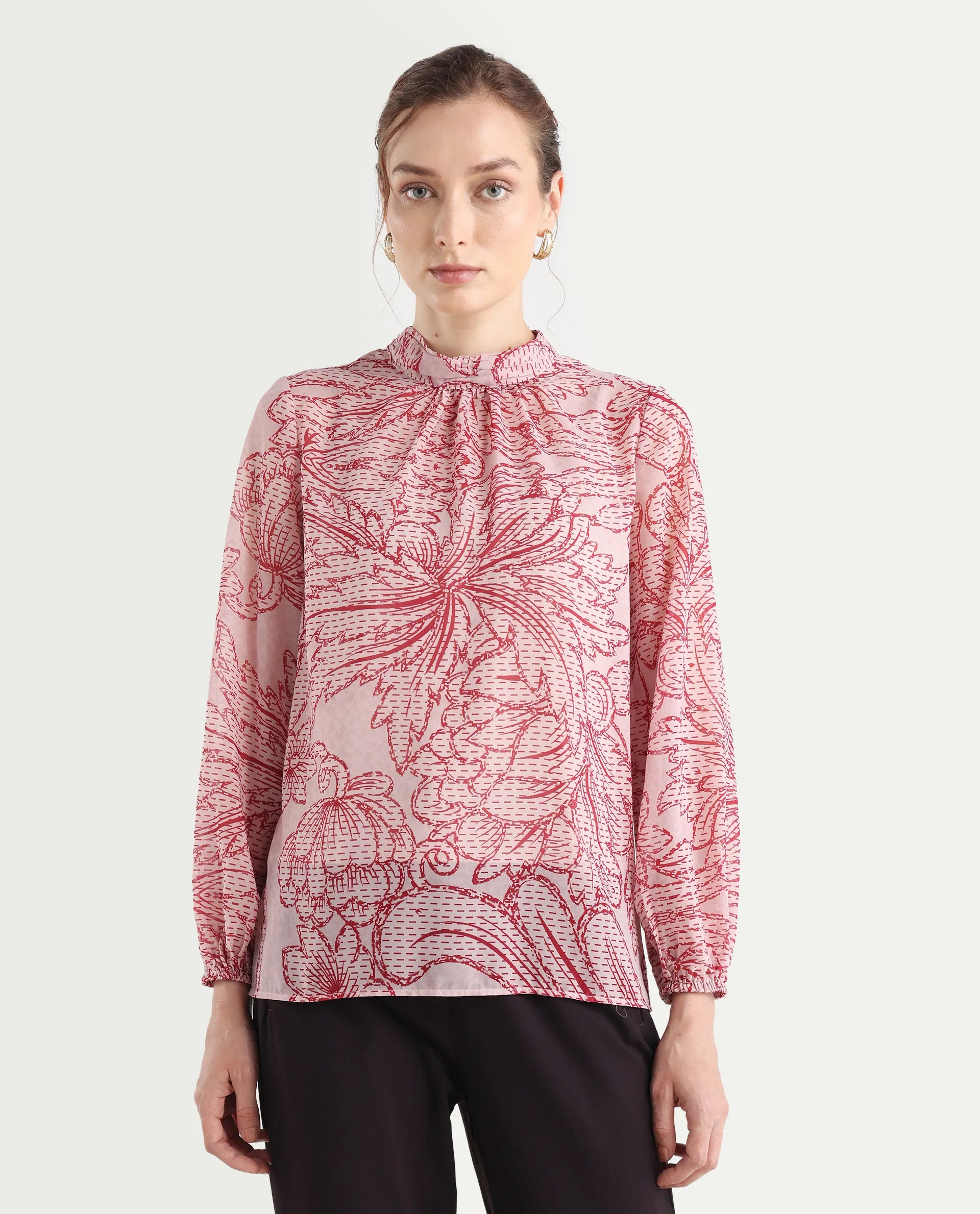 Rareism Women's Massy Multi Cotton Blend High Neck Abstract Print Bishop Sleeve Regular Fit Top