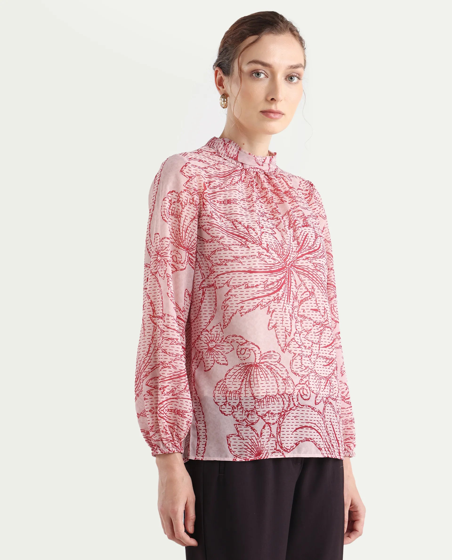 Rareism Women's Massy Multi Cotton Blend High Neck Abstract Print Bishop Sleeve Regular Fit Top