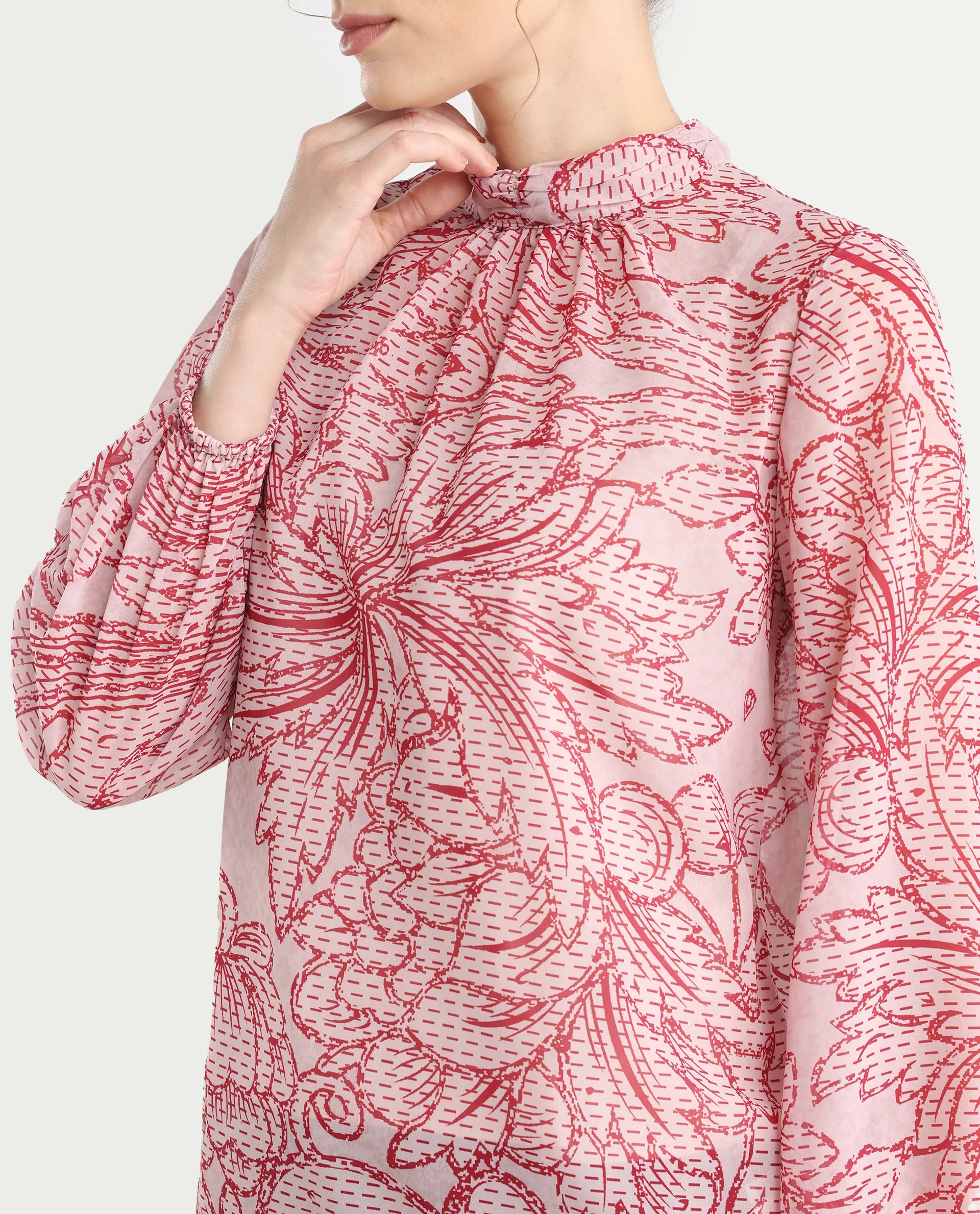 Rareism Women's Massy Multi Cotton Blend High Neck Abstract Print Bishop Sleeve Regular Fit Top