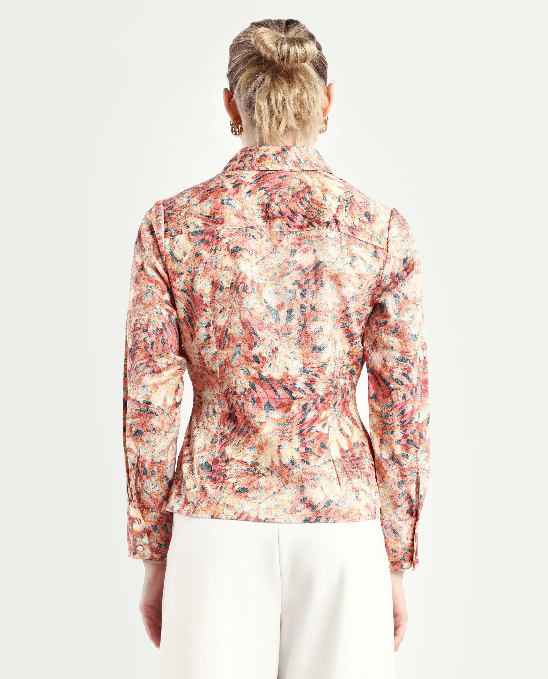 Rareism Women's Matay Multi Cotton Blend Johnny Collar Geometric Print Regular Fit Top