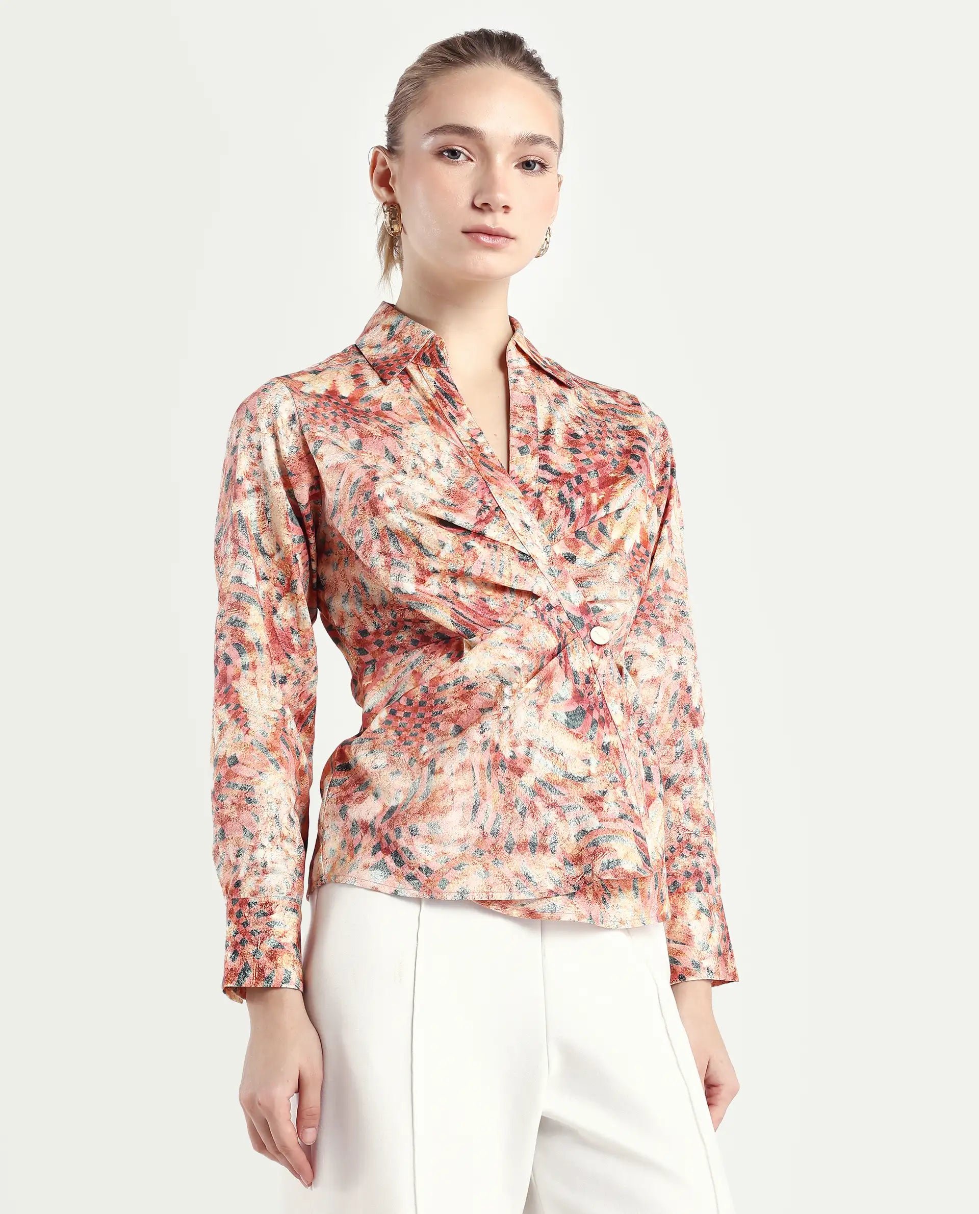 Rareism Women's Matay Multi Cotton Blend Johnny Collar Geometric Print Regular Fit Top