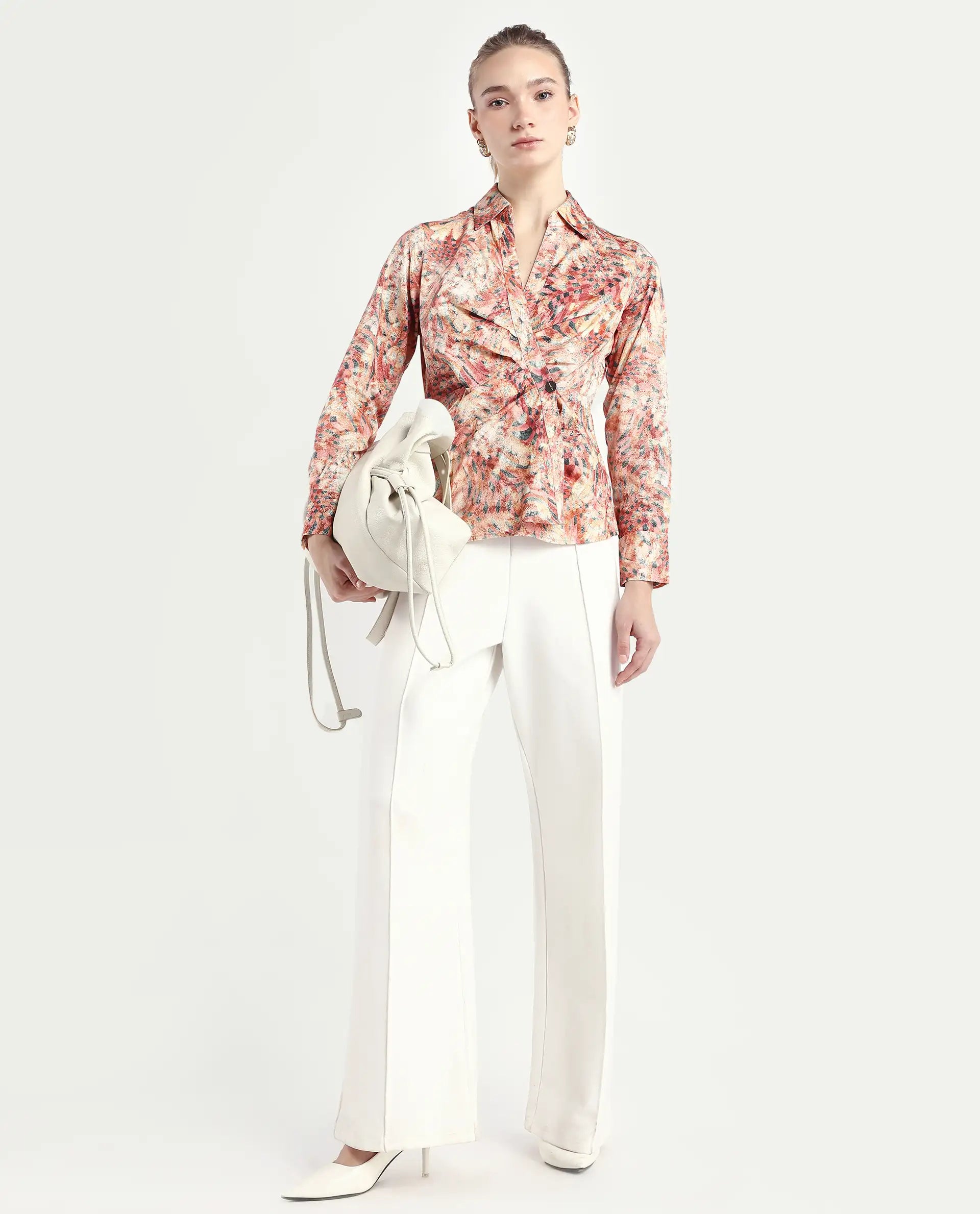 Rareism Women's Matay Multi Cotton Blend Johnny Collar Geometric Print Regular Fit Top