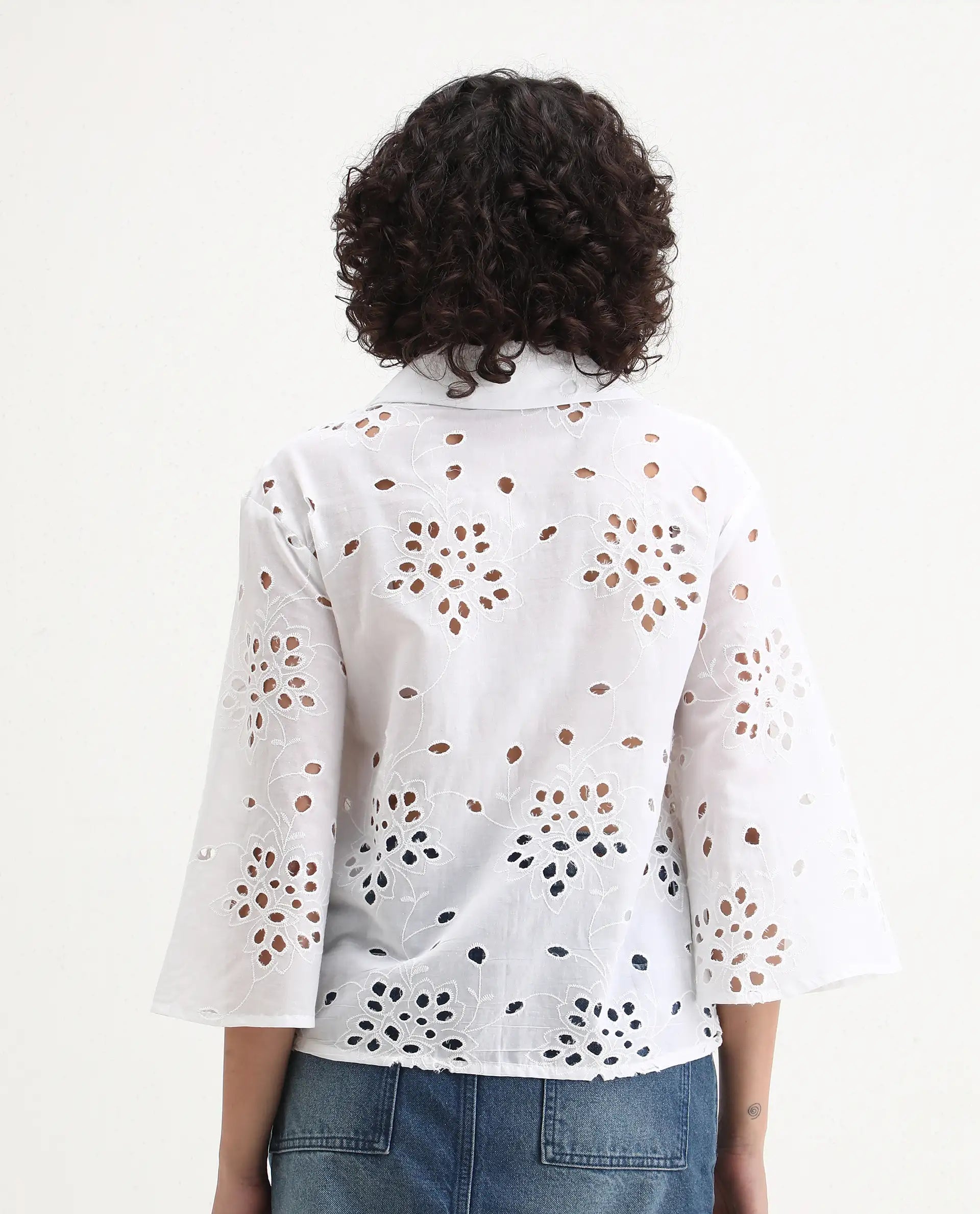 Rareism Women's Matcha White Schiffli Drop Collar Plain Regular Fit Top