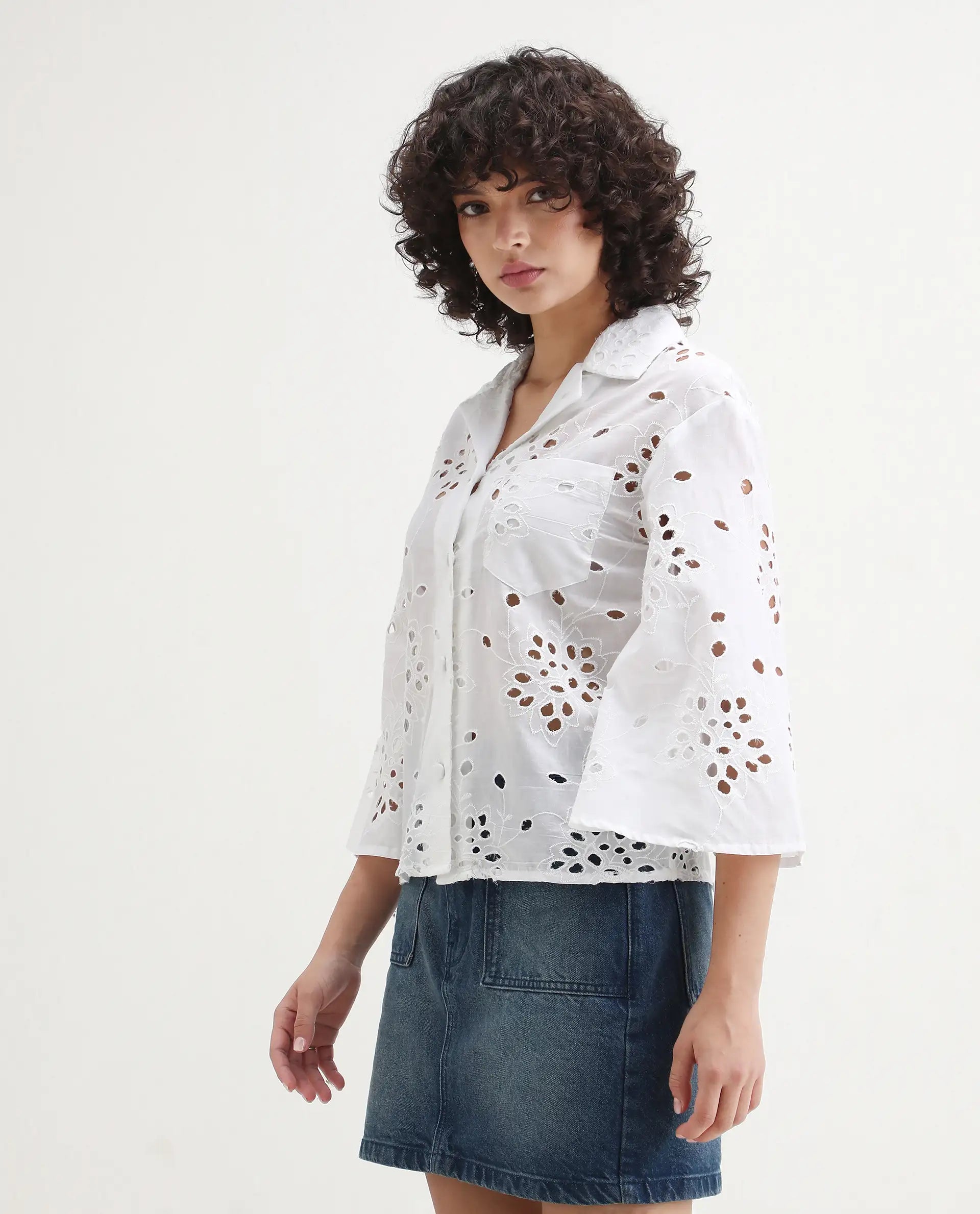 Rareism Women's Matcha White Schiffli Drop Collar Plain Regular Fit Top