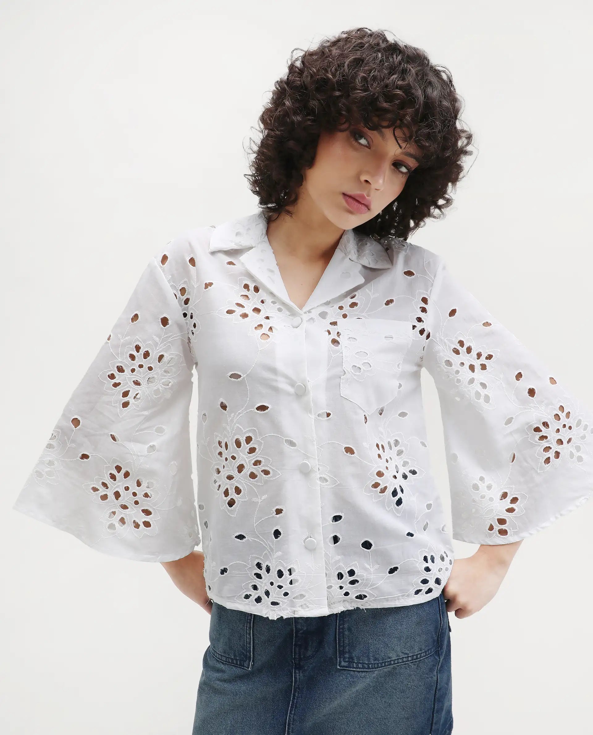 Rareism Women's Matcha White Schiffli Drop Collar Plain Regular Fit Top