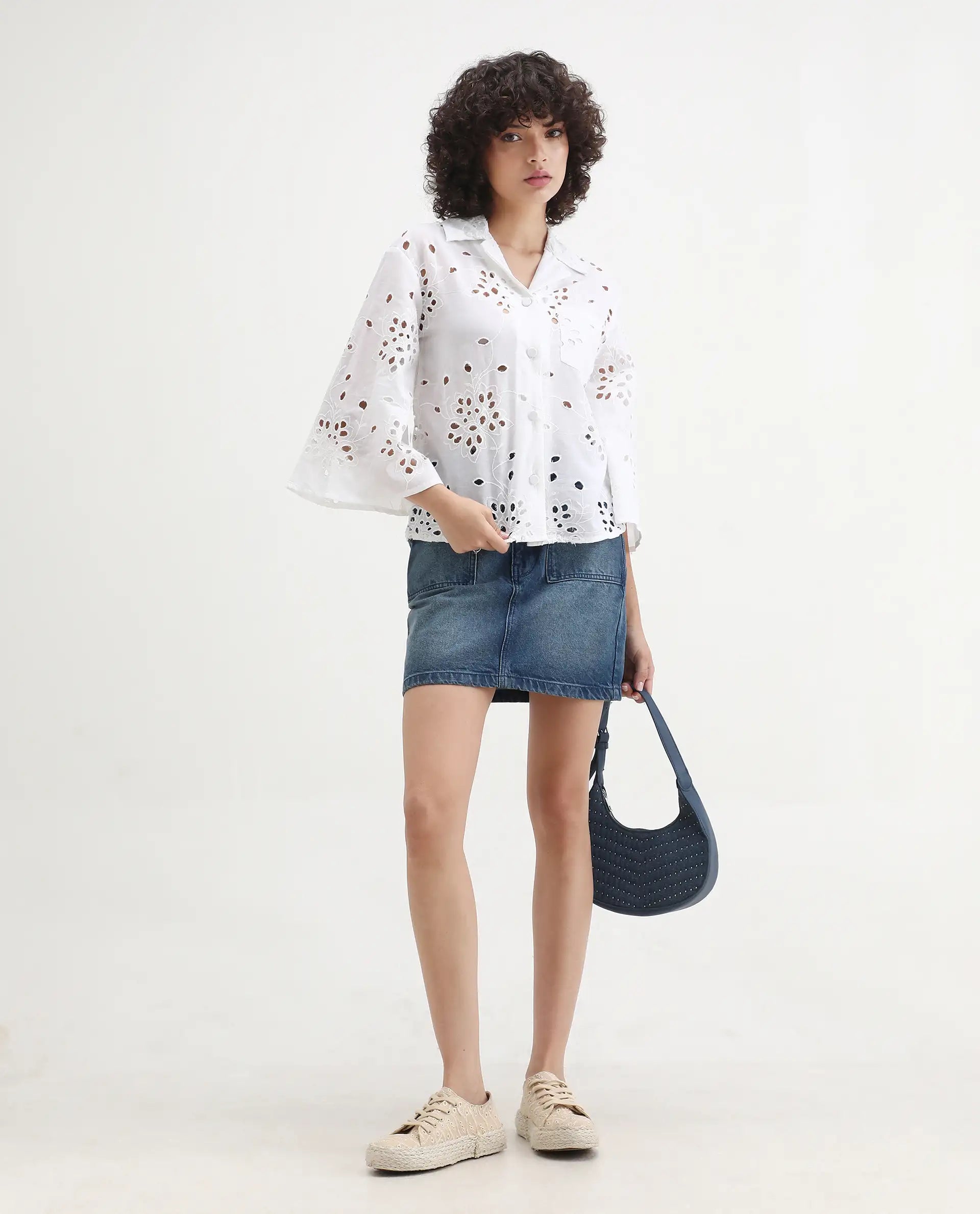 Rareism Women's Matcha White Schiffli Drop Collar Plain Regular Fit Top