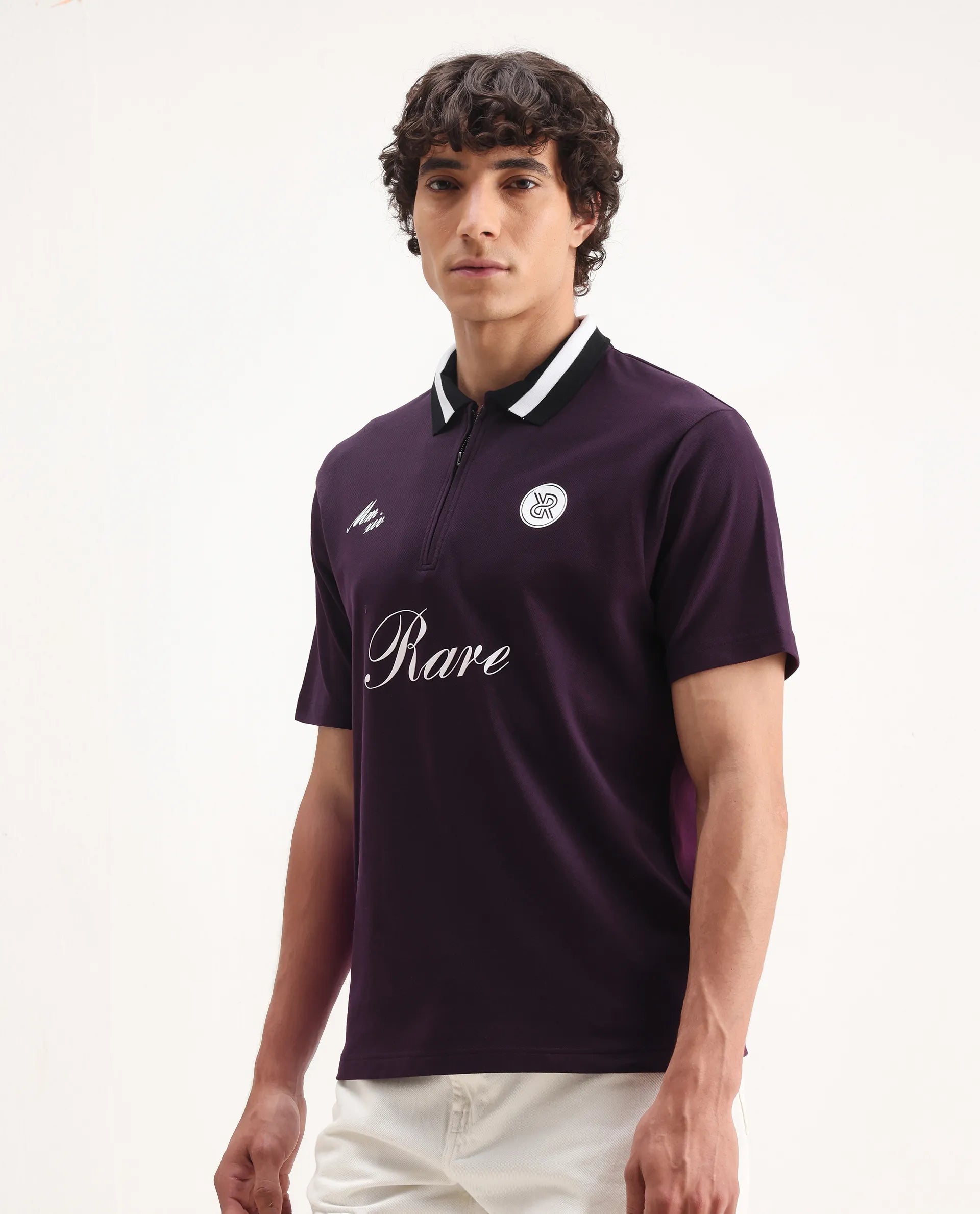 Rare Rabbit Men's Mateo Dark Purple Cotton Blend Embroidered Relaxed Fit Half Sleeve Polo