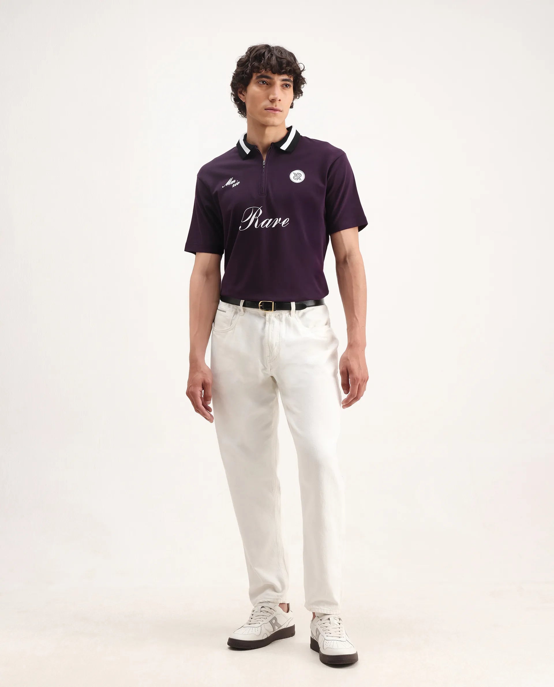 Rare Rabbit Men's Mateo Dark Purple Cotton Blend Embroidered Relaxed Fit Half Sleeve Polo