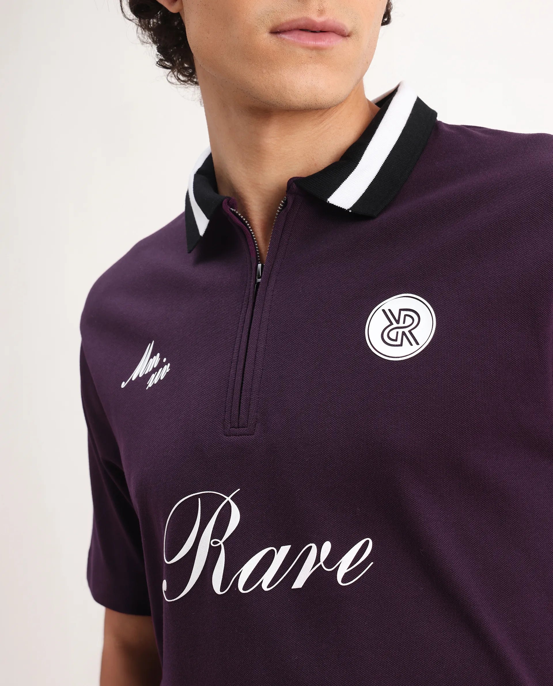 Rare Rabbit Men's Mateo Dark Purple Cotton Blend Embroidered Relaxed Fit Half Sleeve Polo