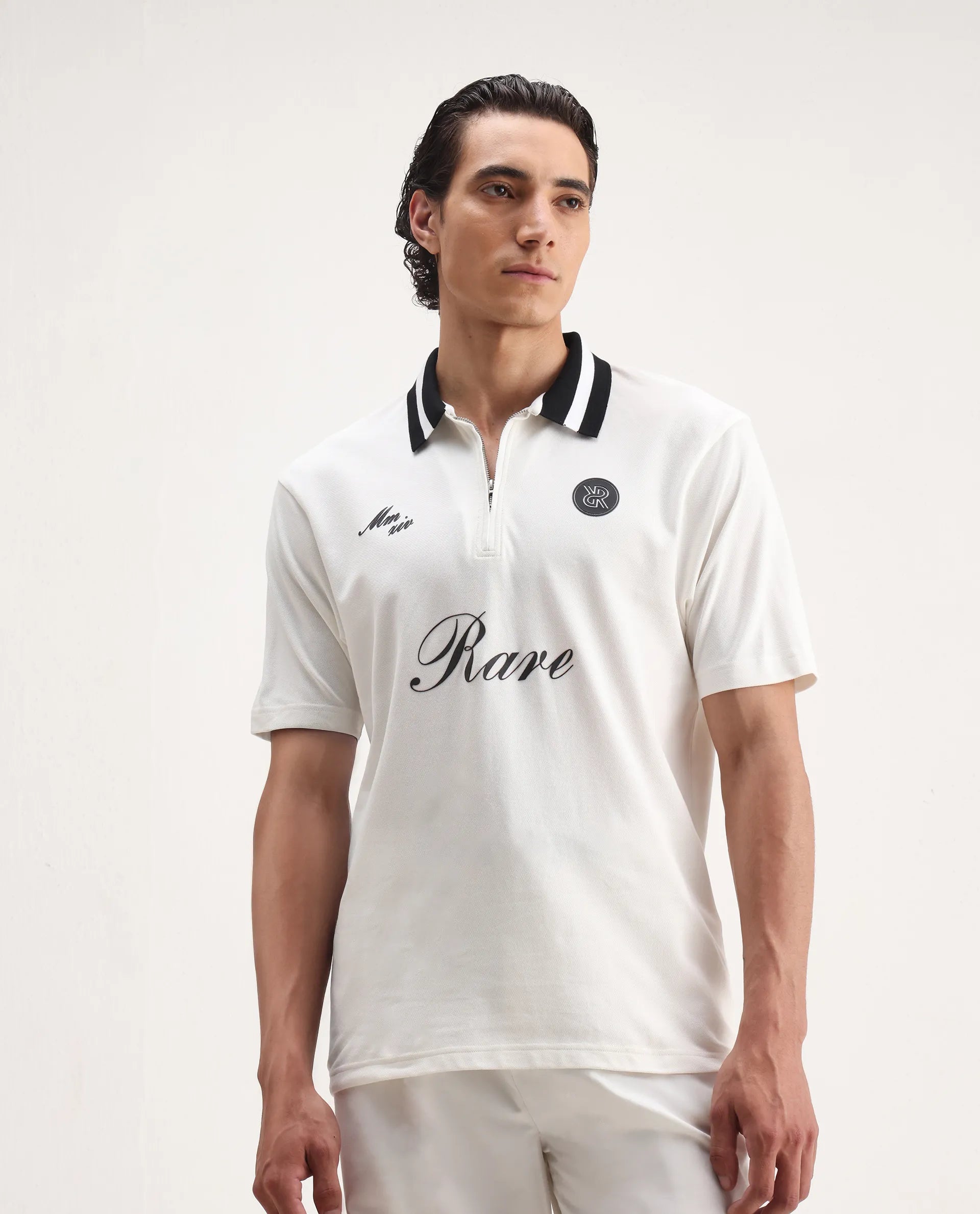 Rare Rabbit Men's Mateo White Cotton Blend Embroidered Regular Fit Half Sleeve Polo