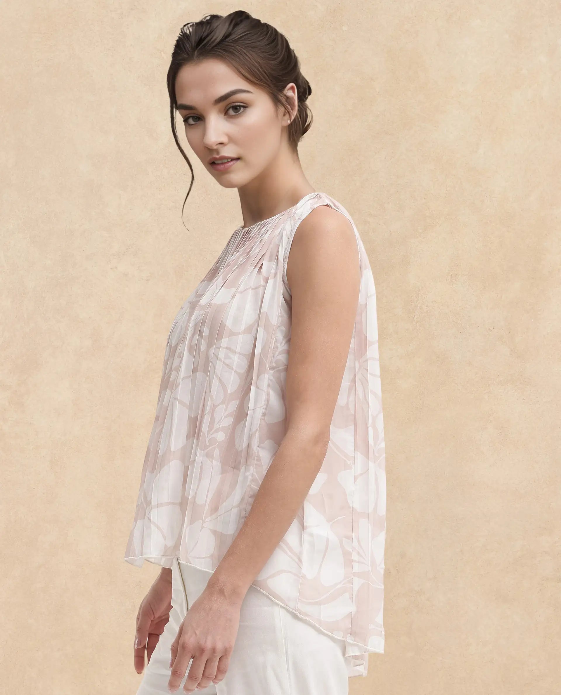 Rareism Women's Matera Light Beige Polyester Crew Neck Abstract Print Sleeveless Relaxed Fit Top