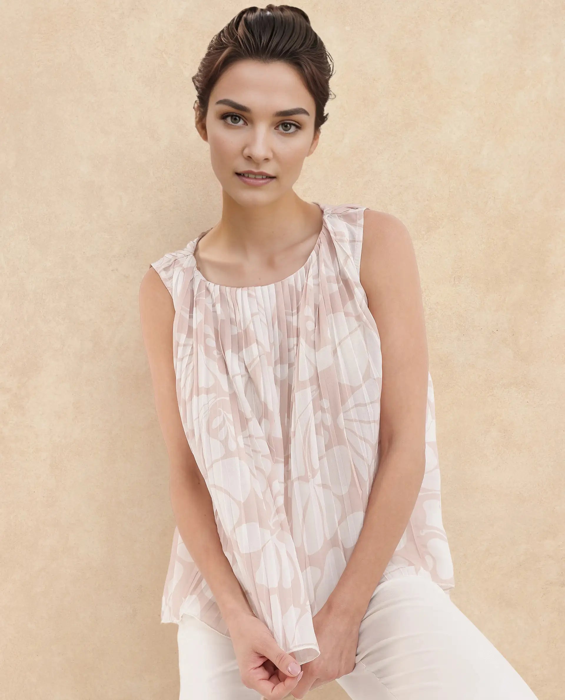 Rareism Women's Matera Light Beige Polyester Crew Neck Abstract Print Sleeveless Relaxed Fit Top