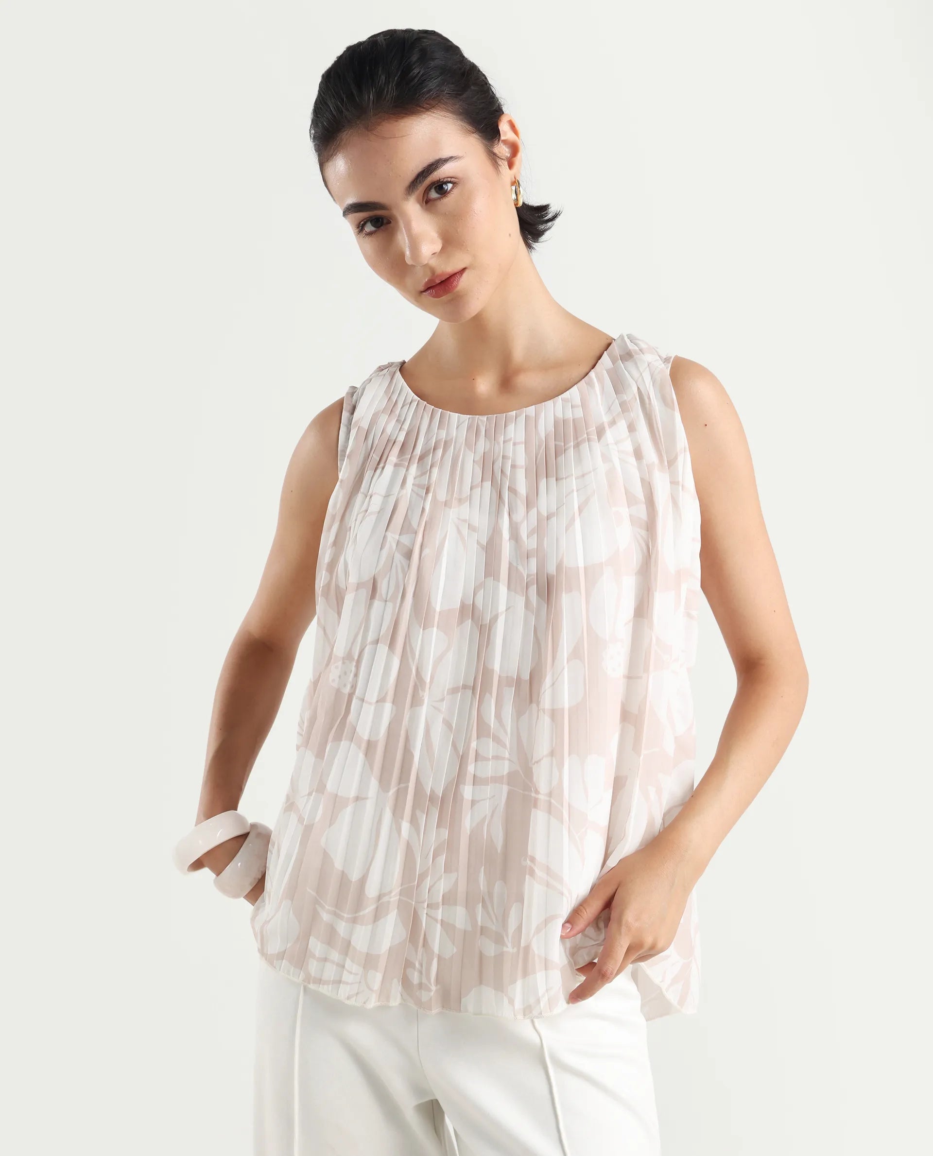 Rareism Women's Matera Sc Light Beige Polyester Crew Neck Abstract Print Sleeveless Relaxed Fit Top