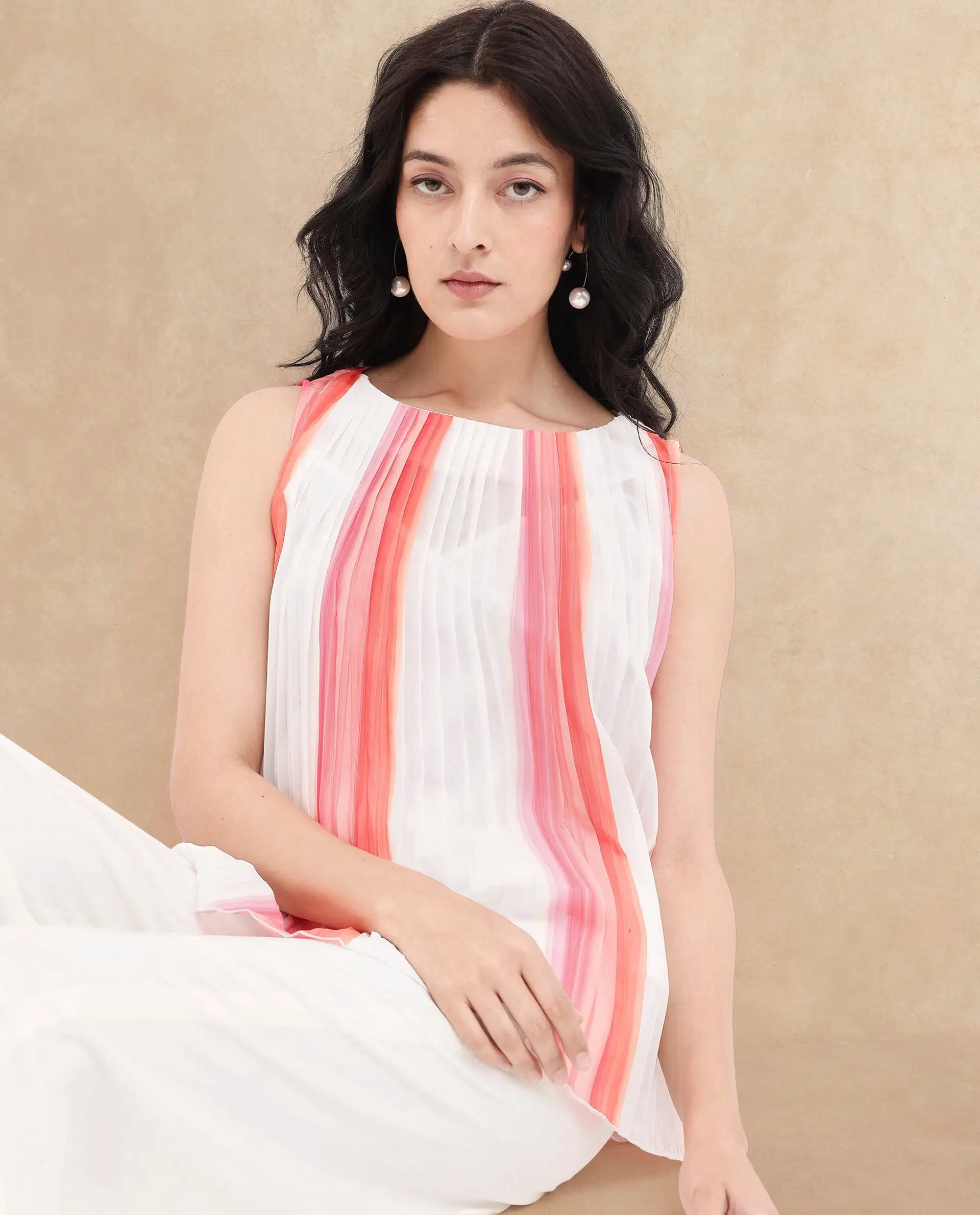 Rareism Women Materio Multi Sleeveless Boat Neck Relaxed Fit Broad Stripes Top