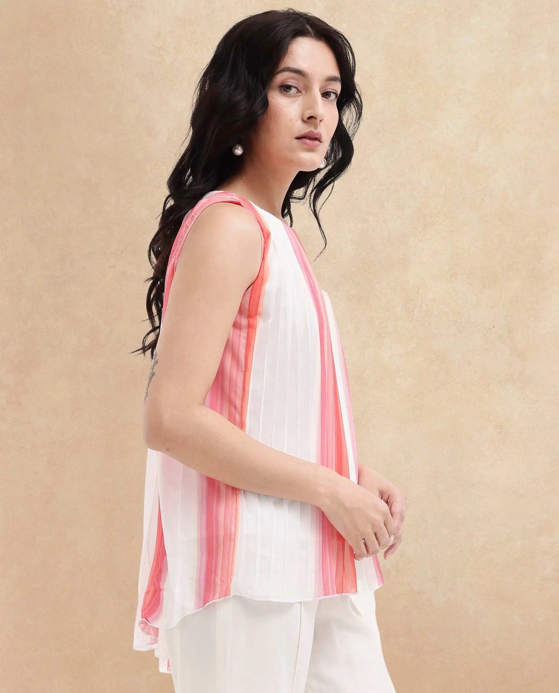 Rareism Women Materio Multi Sleeveless Boat Neck Relaxed Fit Broad Stripes Top