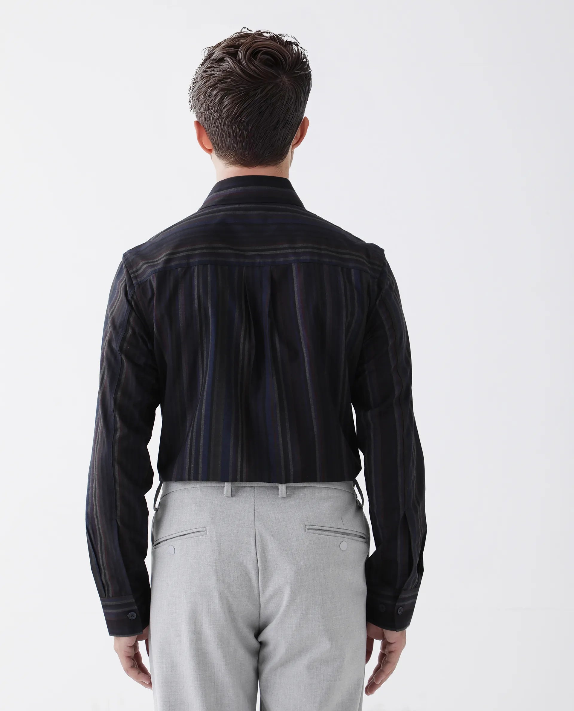 Rare Rabbit Men's Matis Black Viscose Striped Print Relaxed Fit Full Sleeve Collared Shirt