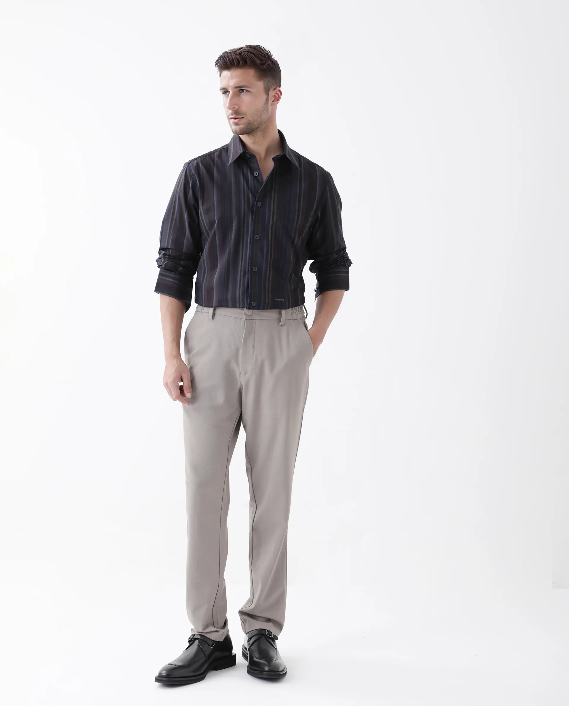 Rare Rabbit Men's Matis Black Viscose Striped Print Relaxed Fit Full Sleeve Collared Shirt