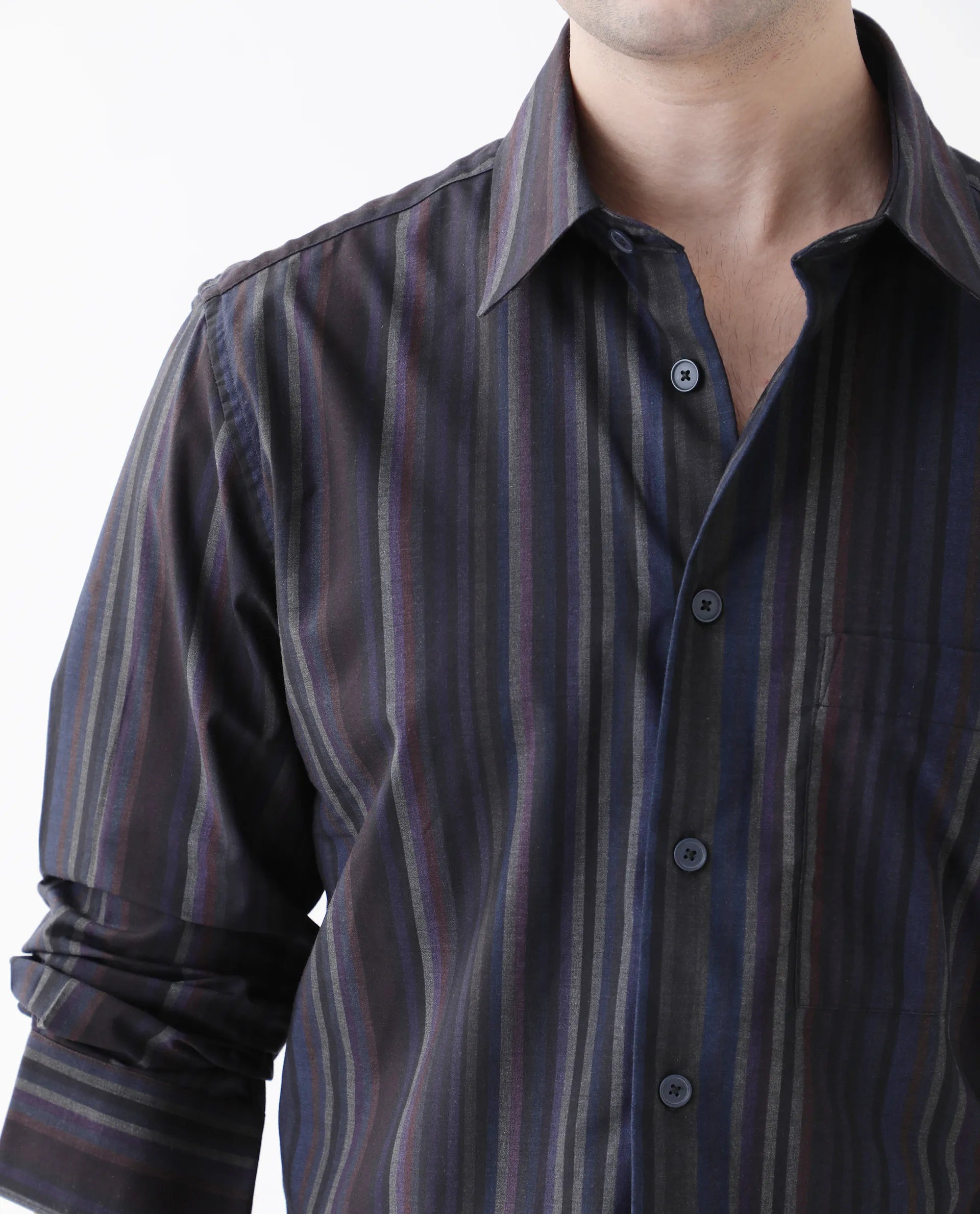 Rare Rabbit Men's Matis Black Viscose Striped Print Relaxed Fit Full Sleeve Collared Shirt