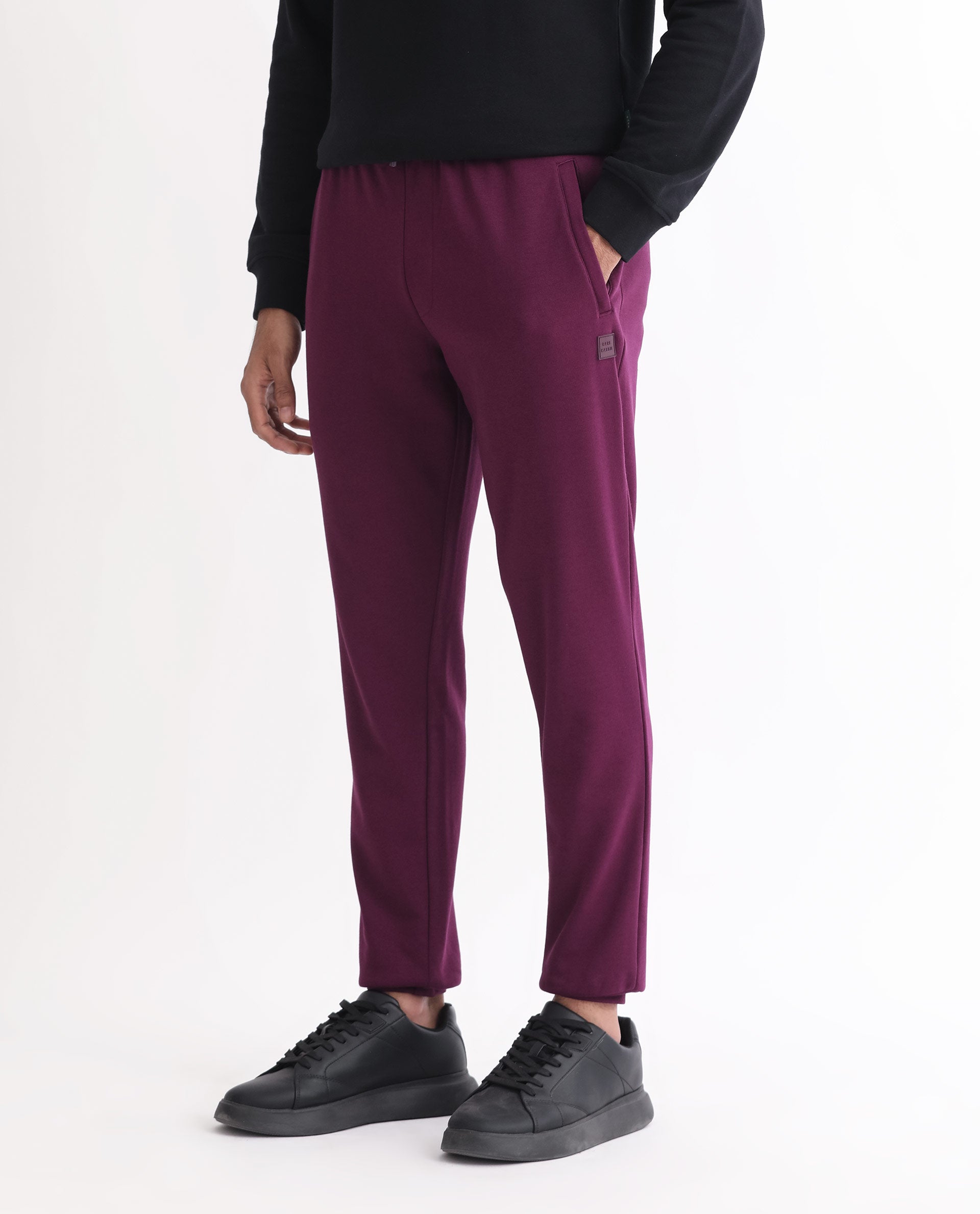 Rare Rabbit Men's Matsu Maroon Cotton Polyester Fabric Regular Fit Mid Rise Knitted Trackpant