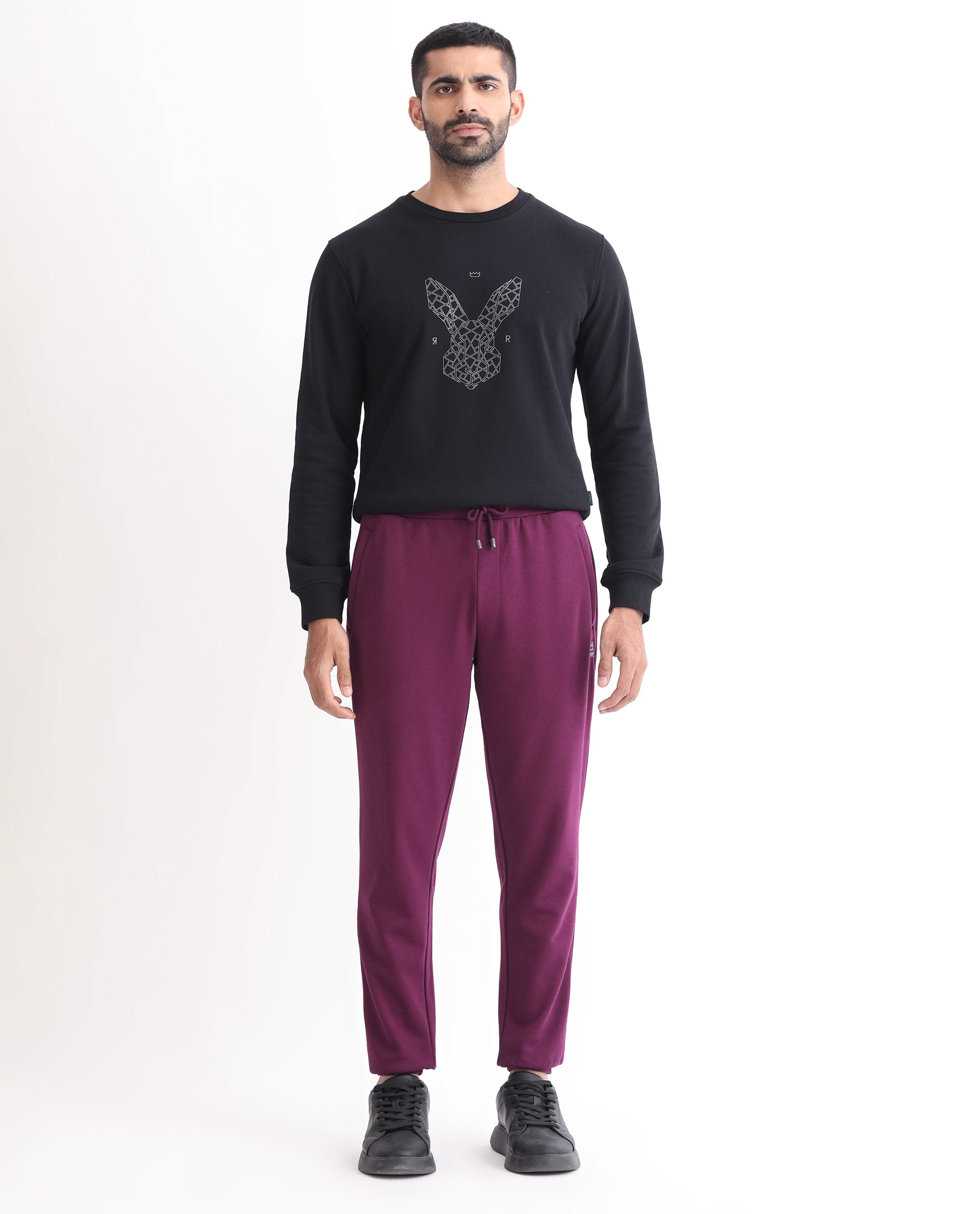 Rare Rabbit Men's Matsu Maroon Cotton Polyester Fabric Regular Fit Mid Rise Knitted Trackpant
